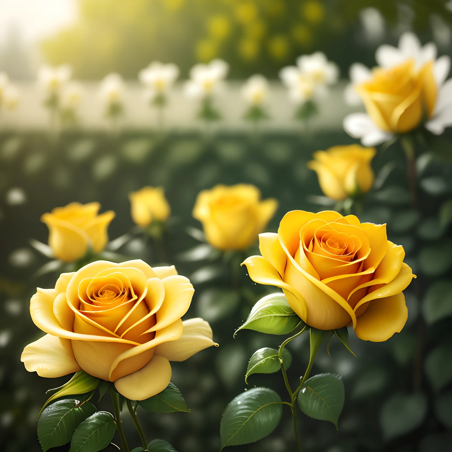 Gorgeous yellow roses in a gorgeous garden, with dew drops, soft cinematic background slightly blurred, masterpiece, best quality, 4k, HD