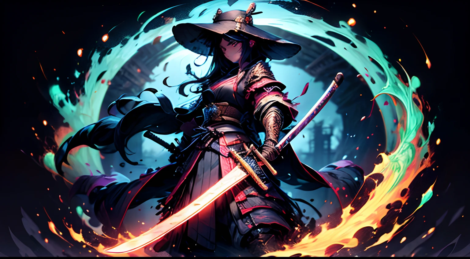 katana swords，Samurai clothes，bucket-hat，delicated face，Dexterous posture，Solo，Colorful，ricefield，with light glowing，tmasterpiece，high qulity，Cinema lenses，GameCG，game footage，concept-art，CG art