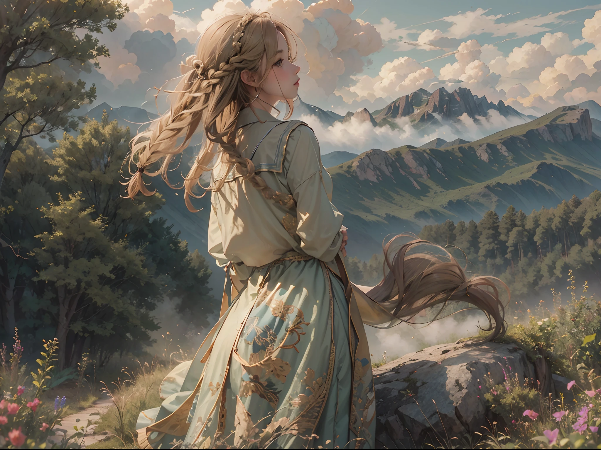 schoolgirls，Solo，Golden braids，Real hair，Hairline，Skysky，​​clouds，The tree，mountain in the distance，depth of fields，portraitures，the sideview，Side Body，head looking up，Look at the sky，Bust photo，album covers，offcial art，tmasterpiece，high qulity，A high resolution，