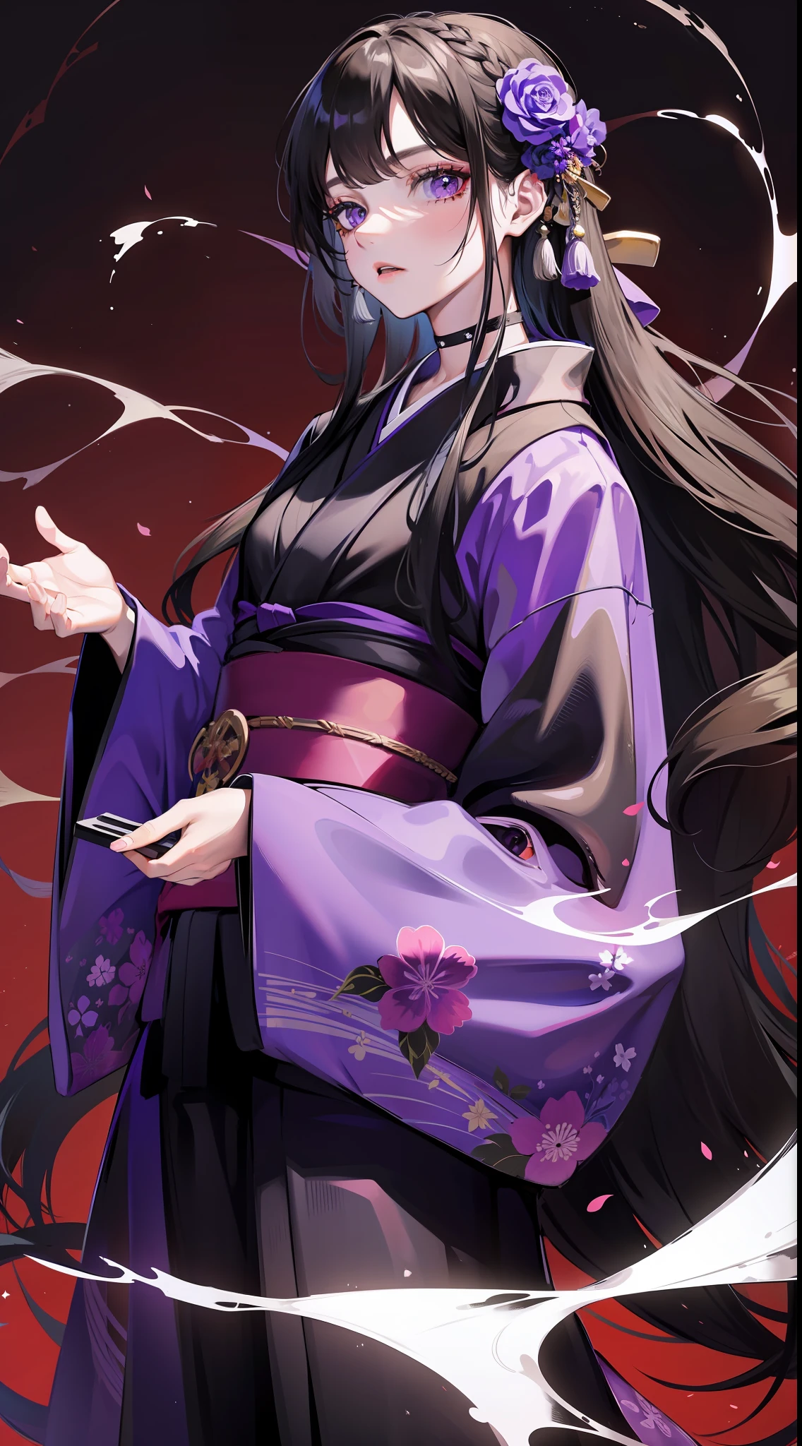 Anime girl in kimono outfit with purple hair and purple flower in her ...