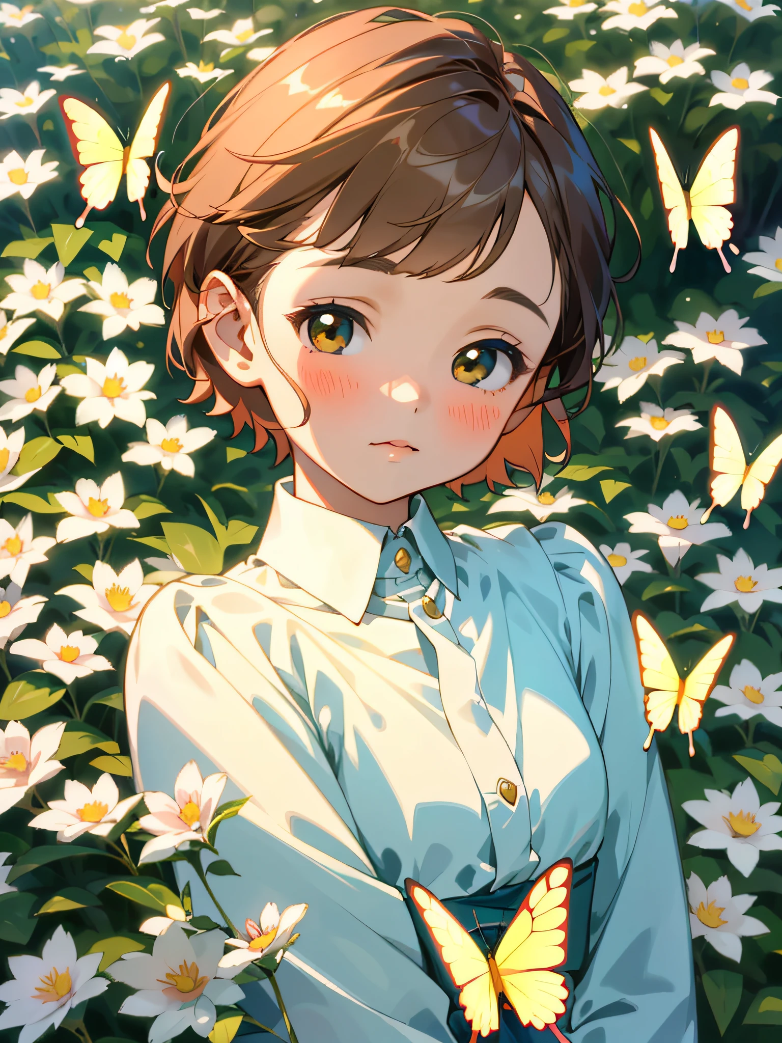 A beautiful and delicate girl with Kai's beloved portrait, Short hair like a boy, fashionable attire,light colors hair, (Highest quality, Masterpiece, Super real), Soft and peaceful expression, The landscape in the background is a garden,Flowering bushes and butterflies fly around.