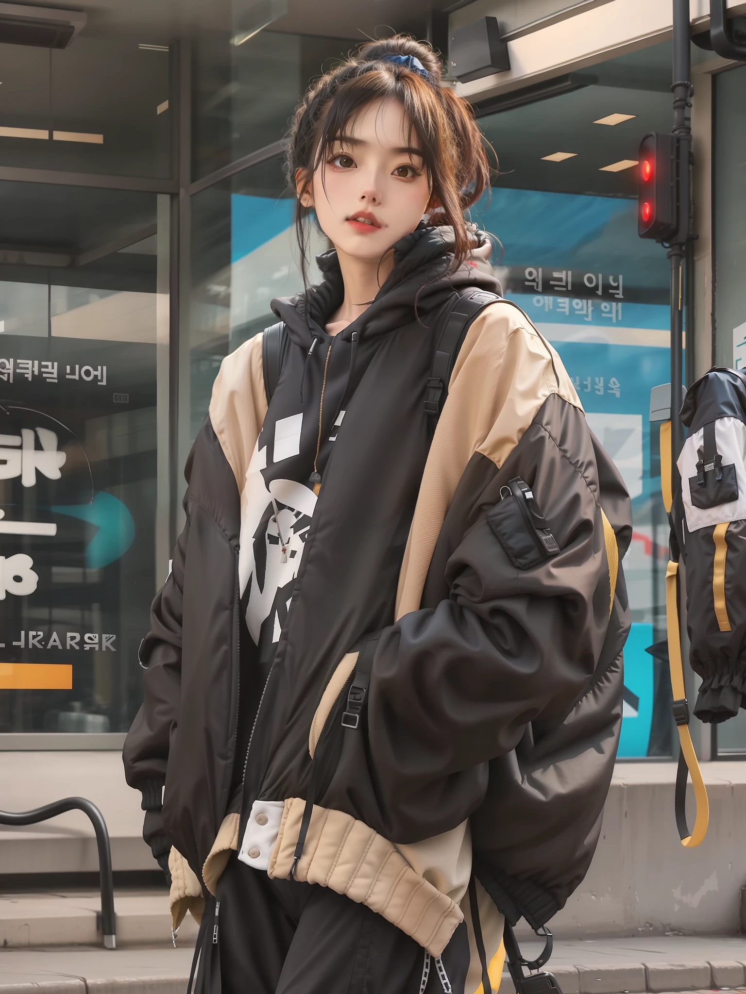 Woman in black and white jacket standing on the sidewalk in front of the building, She is seen wearing streetwear pieces, ulzzangs, Woman in streetwear, wearing cyberpunk streetwear, wearing japanese techwear, street clothing, japanese streetwear, cyberpunk streetwear, Shin Jinying, dressed with long fluent clothes, Jacket, Cute casual streetwear, techwear look and clothes, korean women's fashion model, casual streetwear
