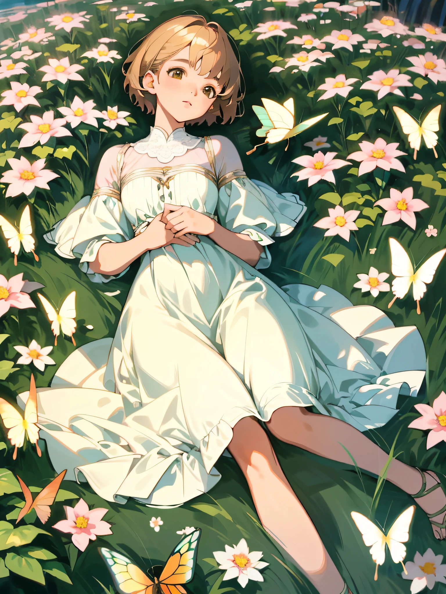 A beautiful and delicate girl with Kai's beloved portrait, Short hair like a boy, fashionable attire,light colors hair, (Highest quality, Masterpiece, Super real), Soft and peaceful expression, The landscape in the background is a garden,Flowering bushes and butterflies fly around.
