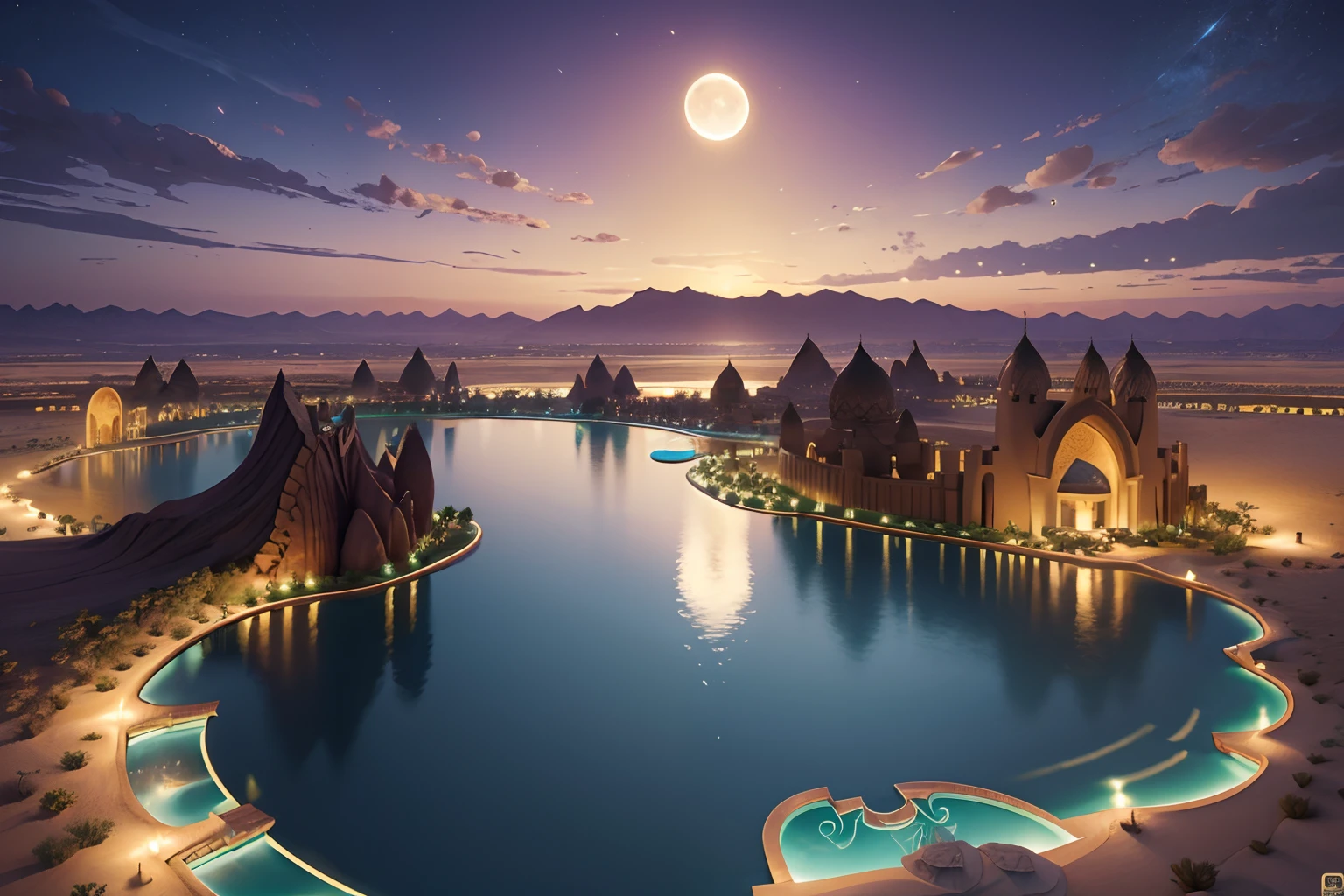 super wide shot,Fantastic desert oasis ,1 moon,Heart-shaped lake,Dubai,reasonable design, Best quality, Very detailed, Masterpiece, movie light effect, 8K,epic fantasy digital art,high definition resolution,Detailed detail drawing,