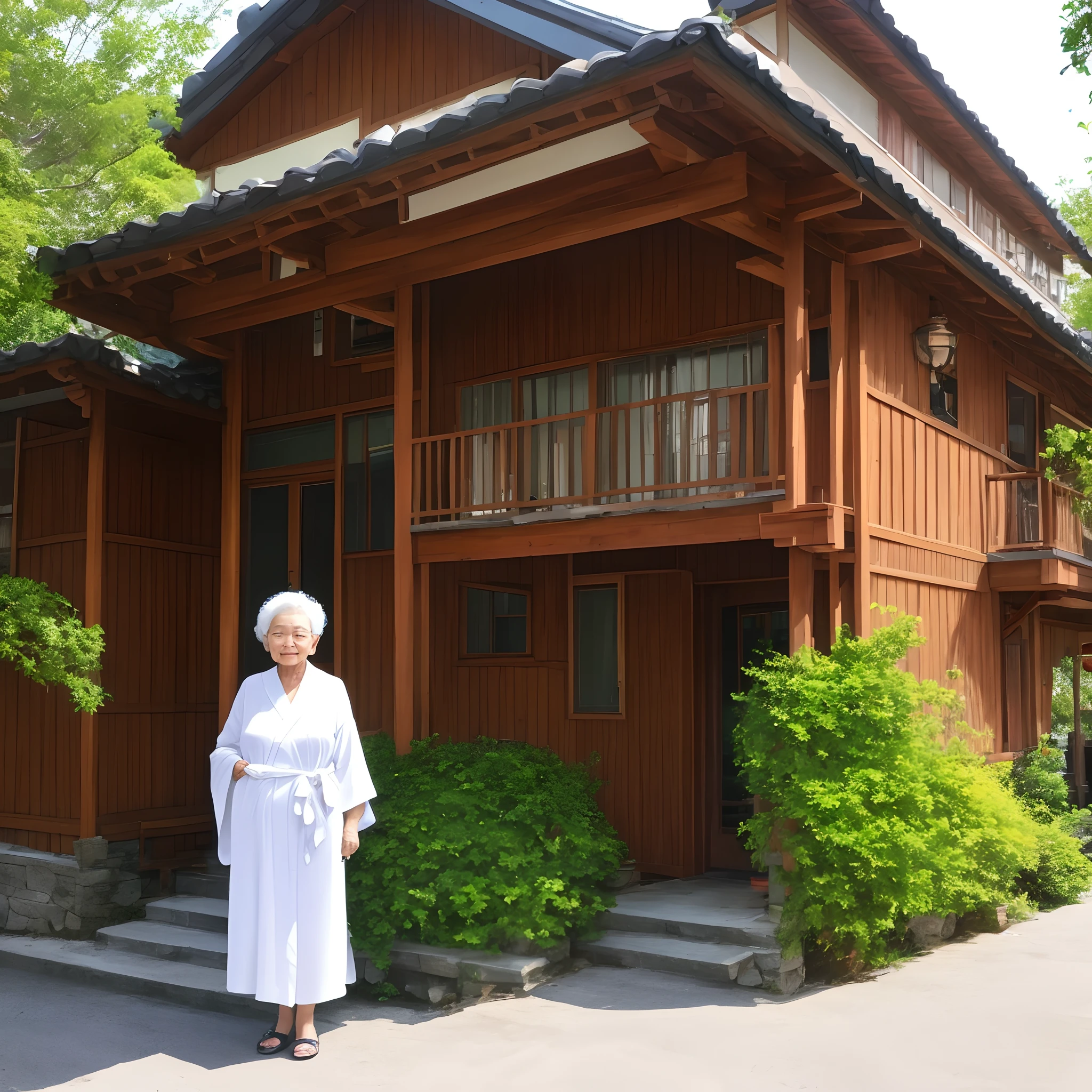 Grandma stands in front of the house in a white robe,Smile and return home。