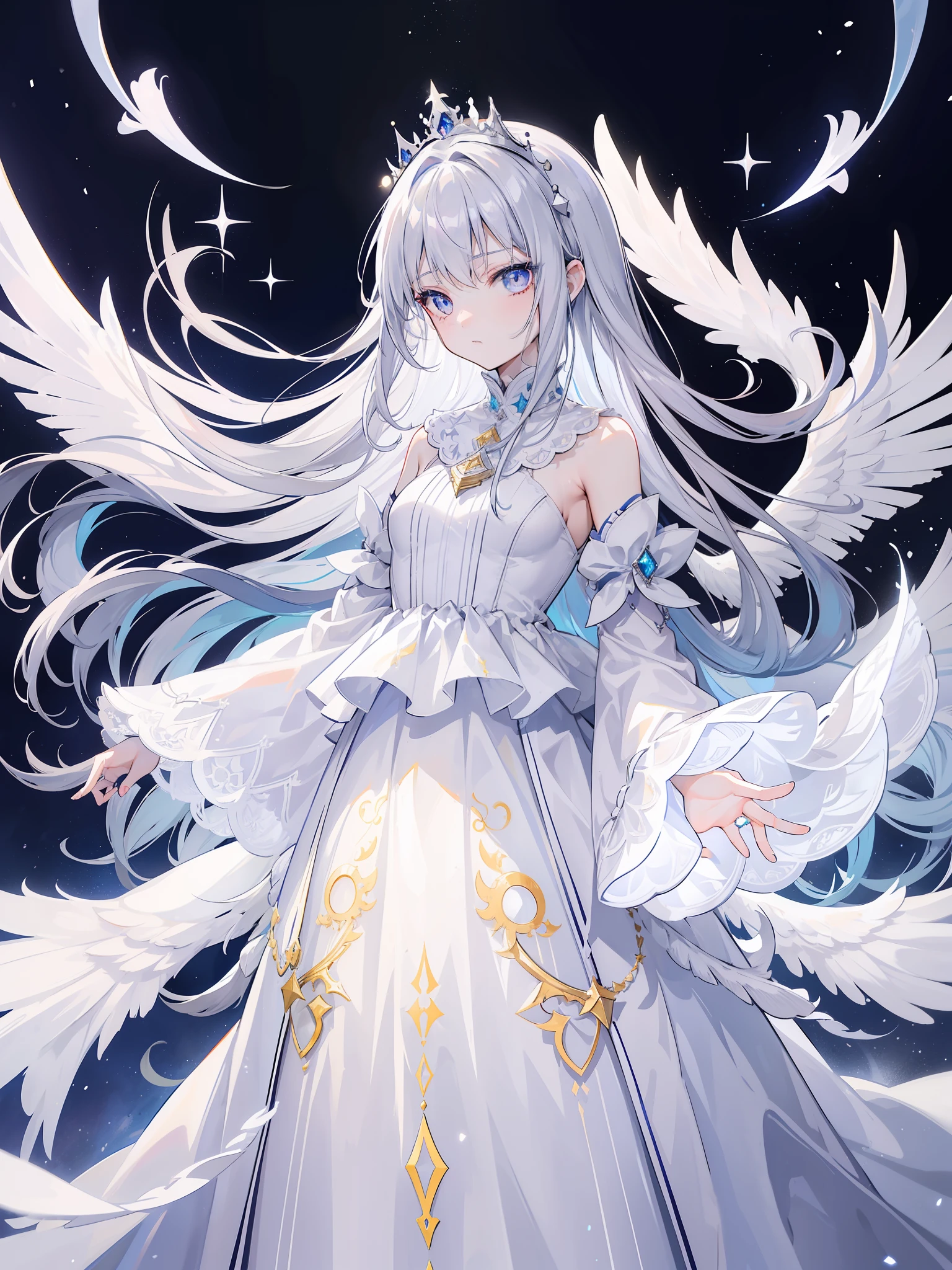 1girl, 164 cm height, charismatic, 18 years old, navy colored hair, very long hair, pretty, white silver eyes, glowing eyes, light particles, princess crown, white long bride clothes, long clothes longs skirt, fallen angel, broken angel wings, ripper wings, scratch, small wound,diamond pendant, standing, light crown,
