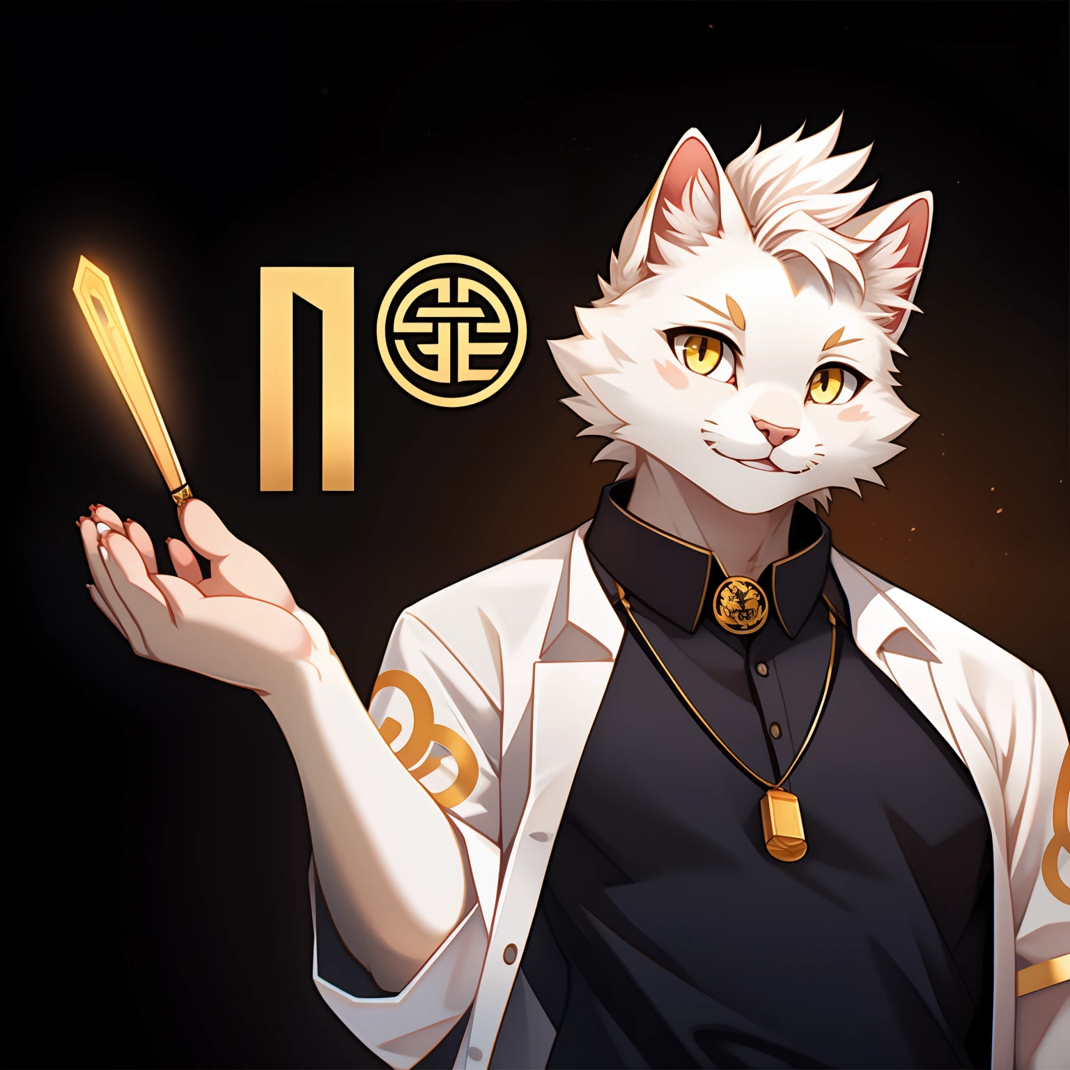 There is a little white kitten holding a golden logo,Face the screen with a cute expression,Yellow eyes,White kitten cat paw meat pad