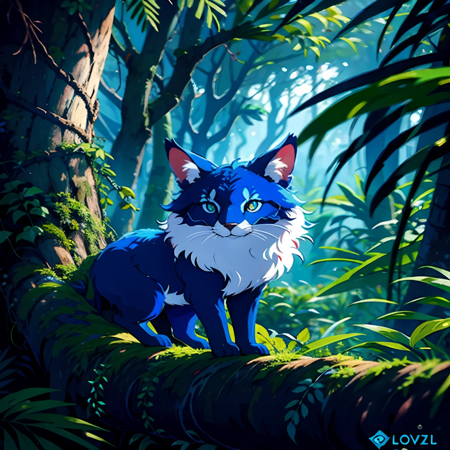 Raposa azul na floresta com arvores, cogumelos