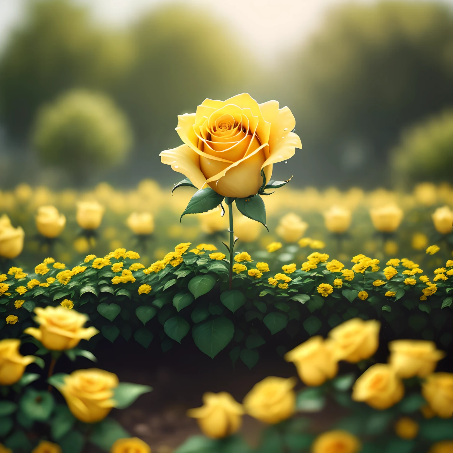 Gorgeous yellow roses in a gorgeous garden, with dew drops, soft cinematic background slightly blurred, masterpiece, best quality, 4k, HD