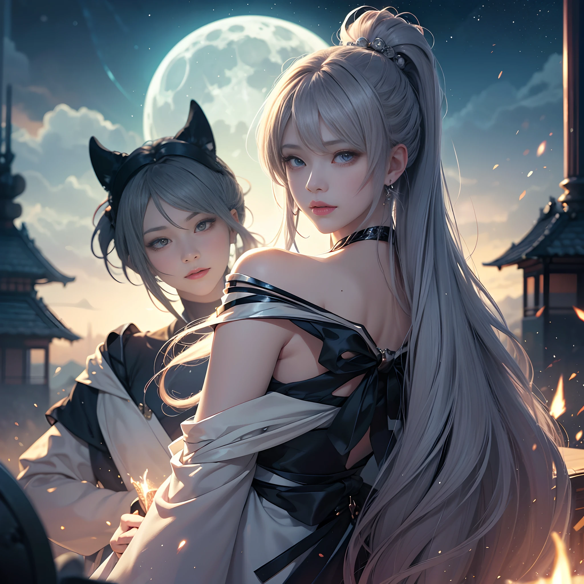 top-quality、One pretty girl、Clear blue eyes、Crystal clear skin、blondehair、poneyTail、Very attractive figure、having katana、Shooting Star、large grassland、Big Full Moon、wide angles、Pale oozing red color、Colorful light reflection、ukiyoe painting