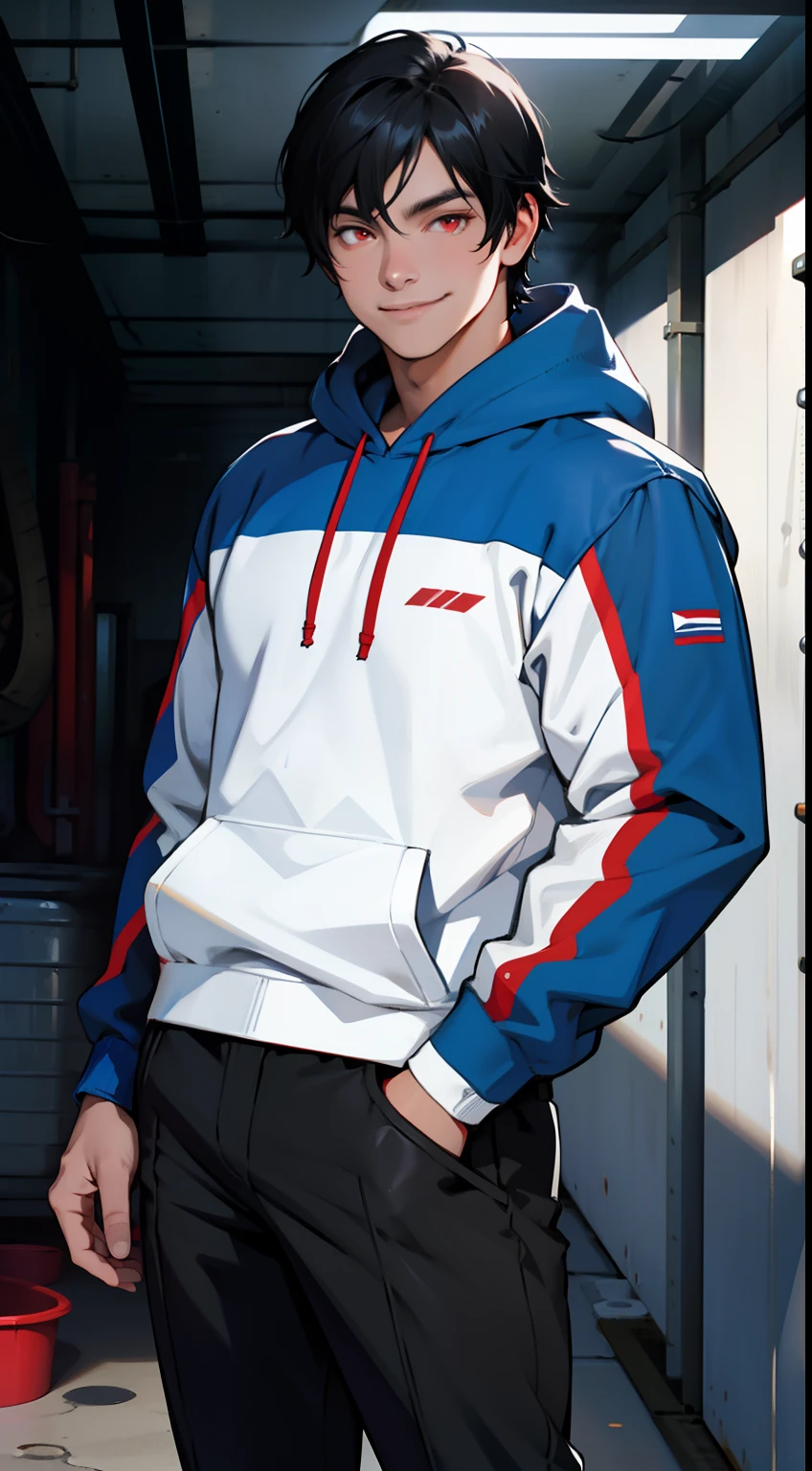 Solo, male, black hair, red eyes, wear blue racer hoodie, wear black pants, look at camera, smile, standing in garage, garage background, daytime, racer