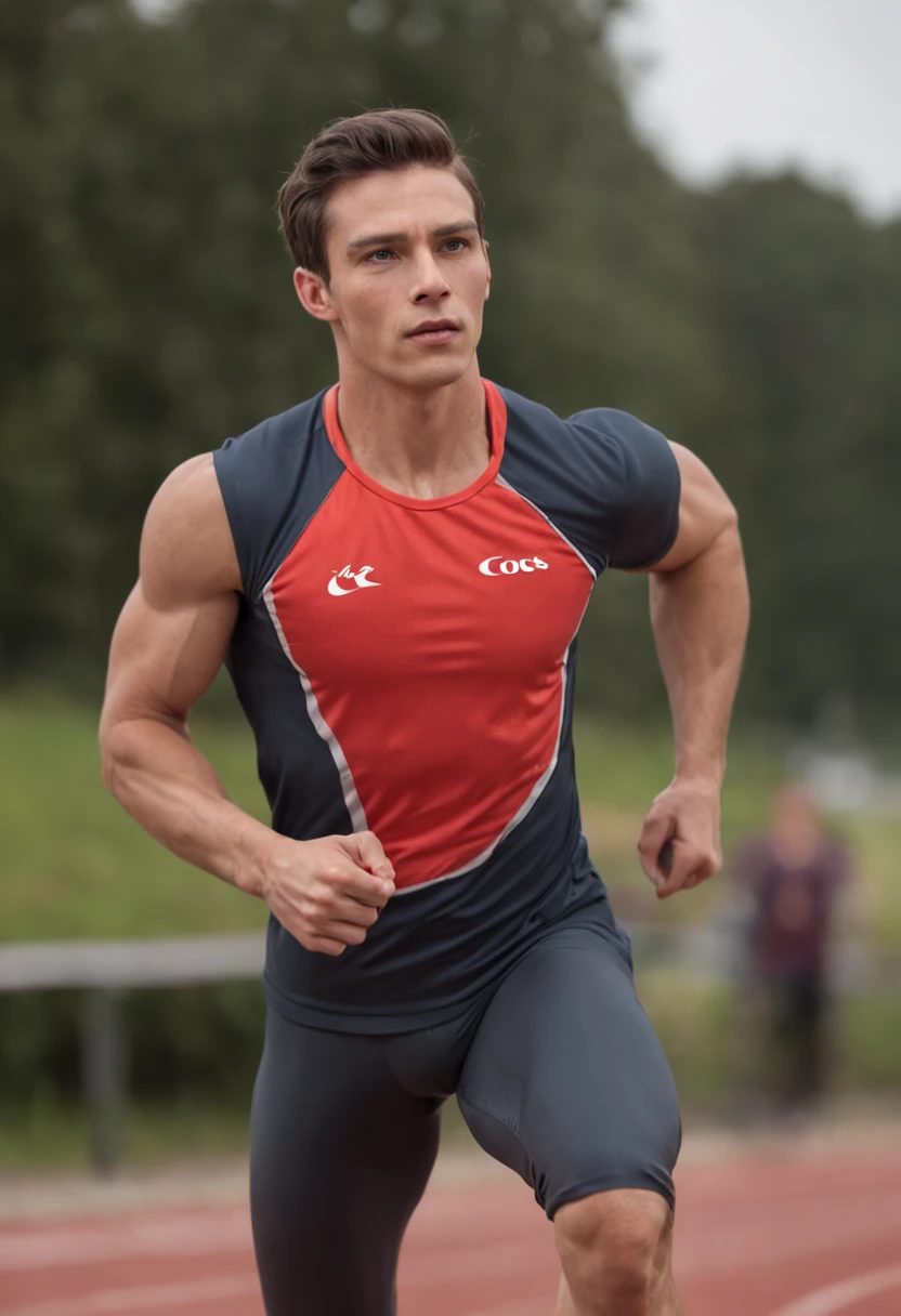 Boys on the track and field，sweat leggs，Photos during exercise，in track outfit，Run，Masculine，Exquisite facial features，virile，musculature，rich facial detail（（The crotch is raised））closeup cleavage