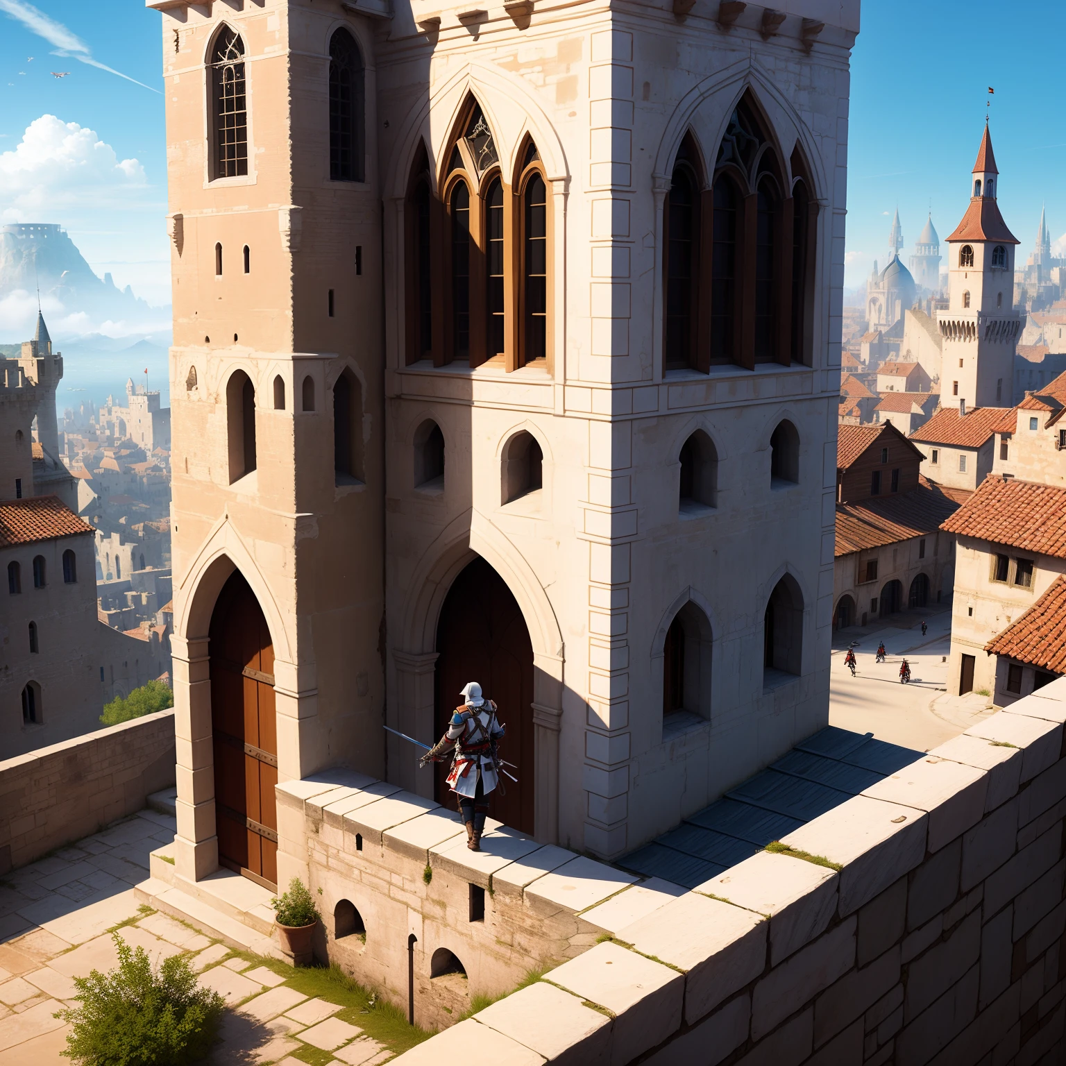 Medieval European city,(The white-clad assassin climbs the wall),Clear sky,Soldier patrol,high qulity,(assassins creed)
