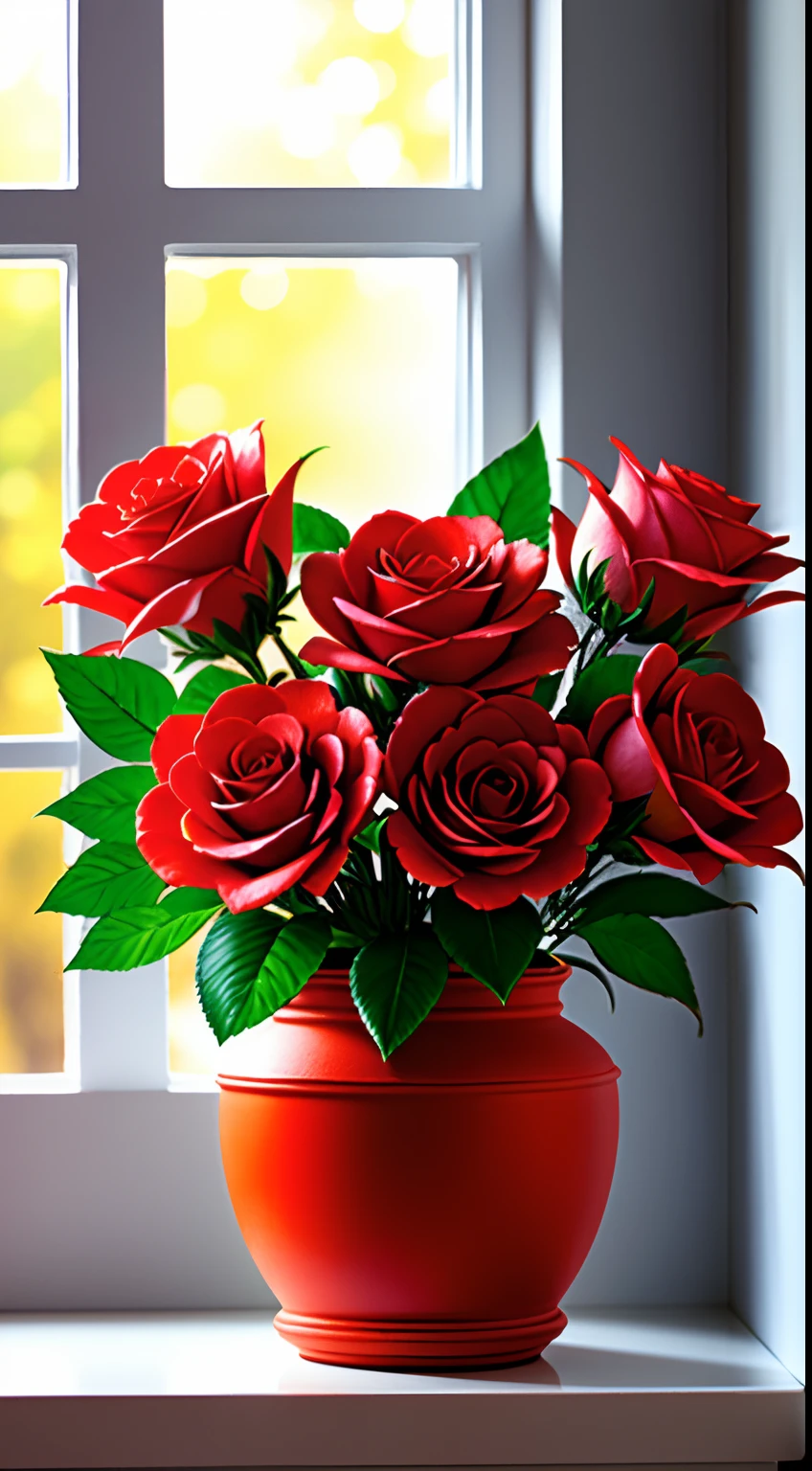 Clay pot, colorful roses, by the window, sunlight coming in, blank background, lots of details, high quality, 8k,
