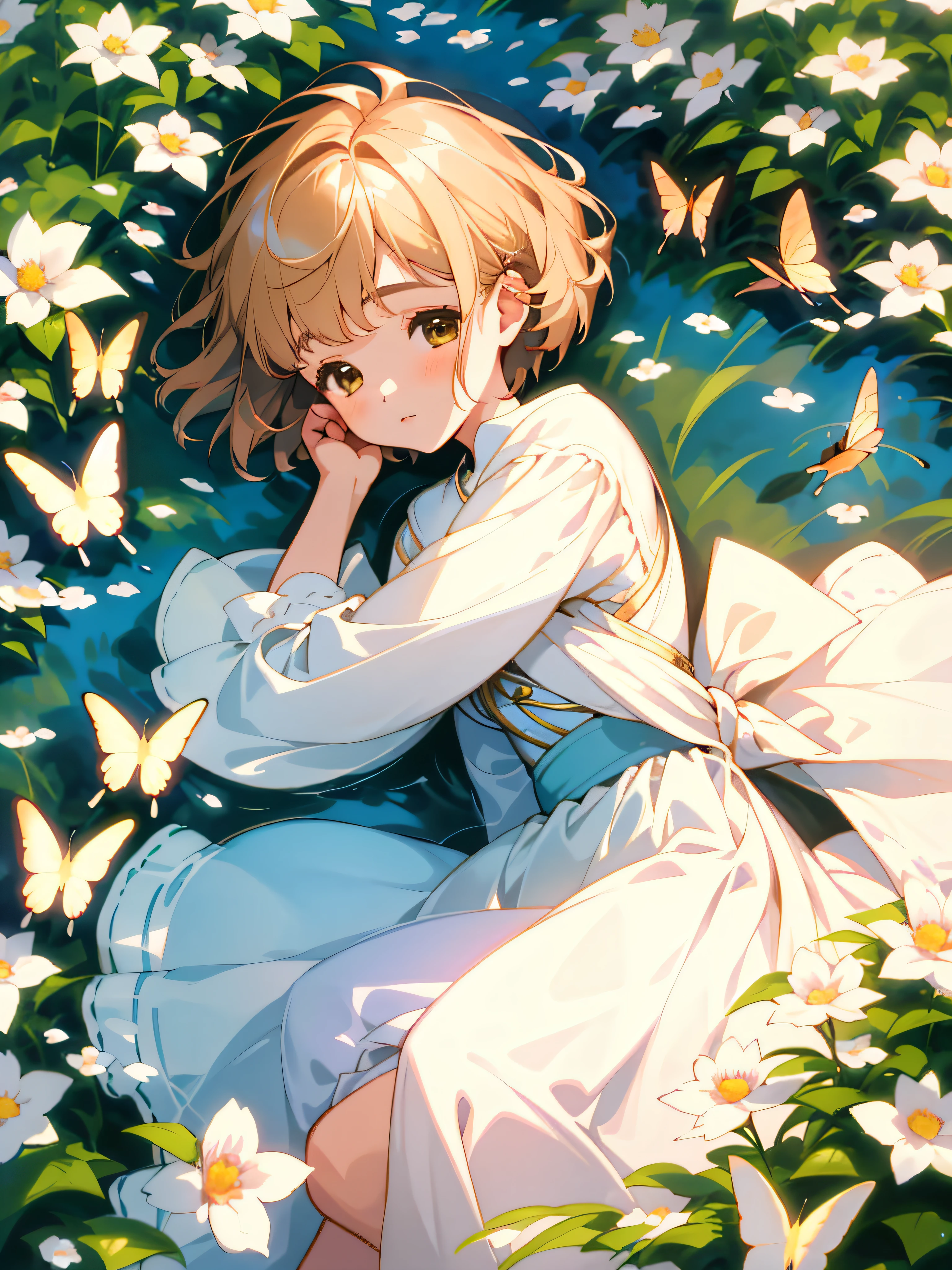 A beautiful and delicate girl with Kai's beloved portrait, Short hair like a boy, fashionable attire，light colors hair, (Highest quality, Masterpiece, Super real), Soft and peaceful expression, The landscape in the background is a garden，Flowering bushes and butterflies fly around.