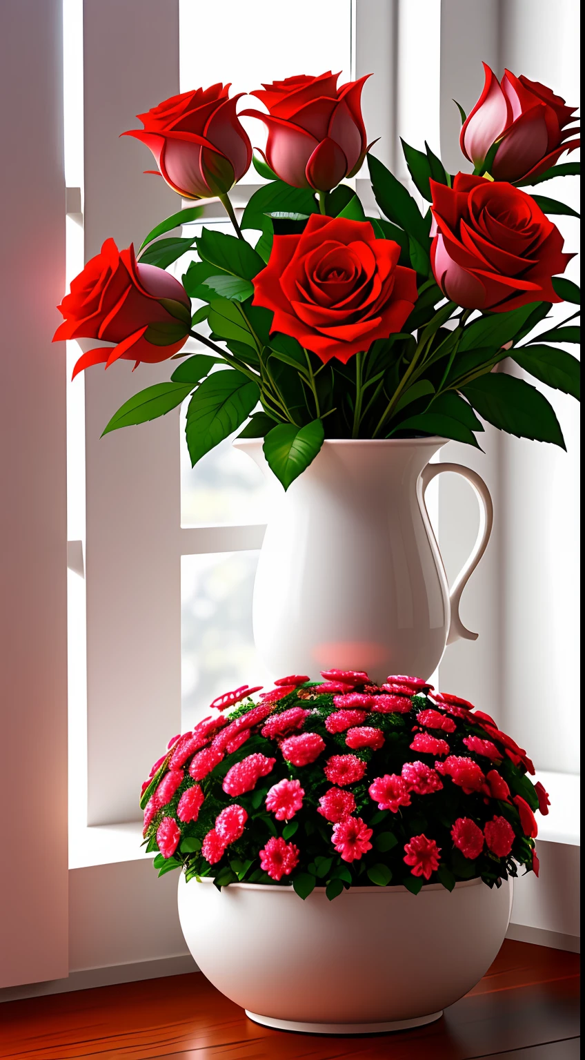 Clay pot, colorful roses, by the window, sunlight coming in, blank background, lots of details, high quality, 8k,