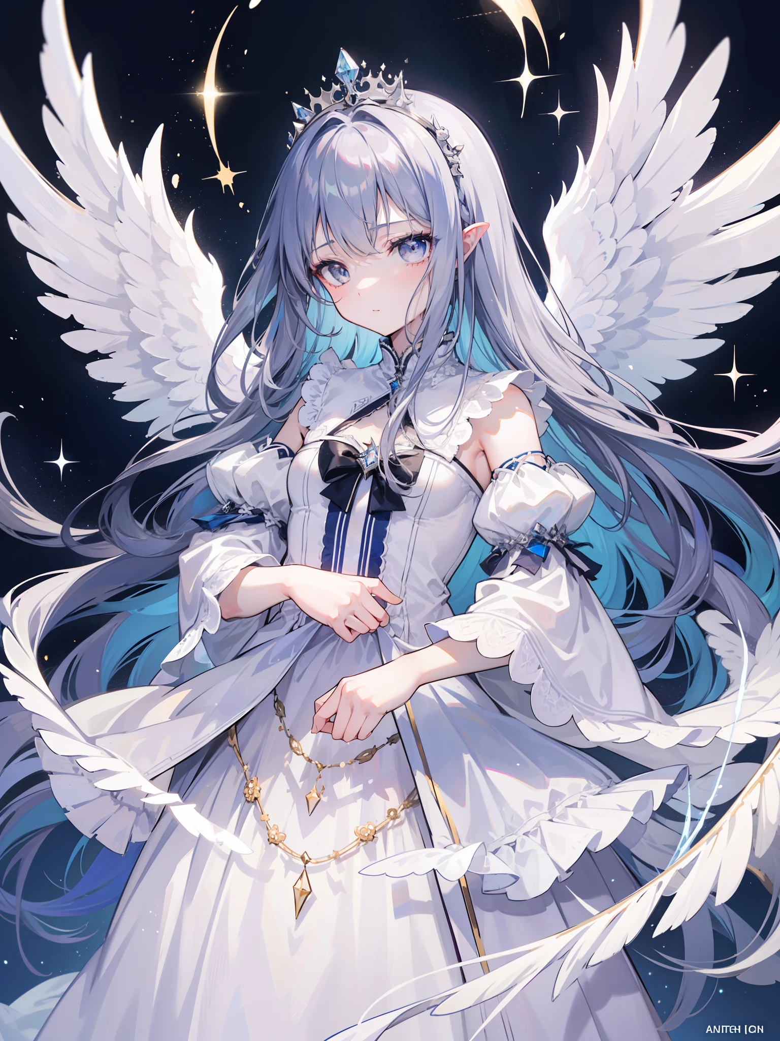 1girl, 164 cm height, charismatic, 18 years old, navy colored hair, very long hair, pretty, white silver eyes, glowing eyes, light particles, princess crown, white long bride clothes, long clothes longs skirt, fallen angel, broken angel wings, ripper wings, scratch, small wound,diamond pendant, standing, light crown, close up