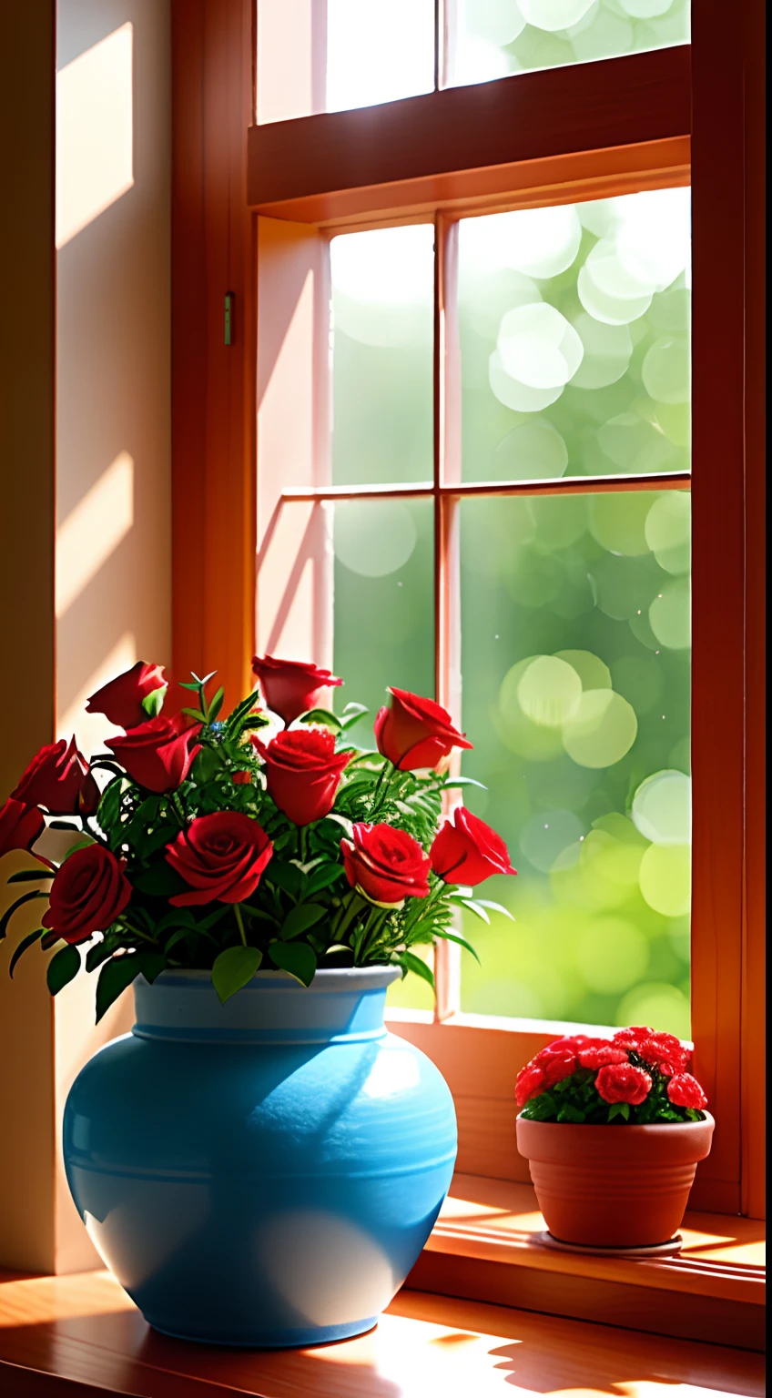 Clay pot, colorful roses, by the window, sunlight coming in, blank background, lots of details, high quality, 8k,