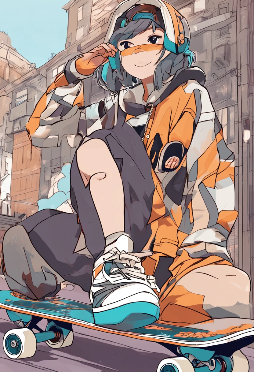 gostaria de criar uma arte envolvendo skate e um perasonagem de anime com as seguinyes caracteristcas oculos touca amarela e bem fofo