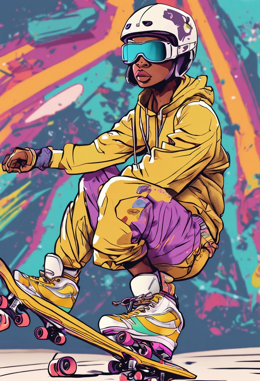 gostaria de criar uma arte envolvendo skate e um perasonagem de anime com as seguinyes caracteristcas oculos touca amarela e bem fofo