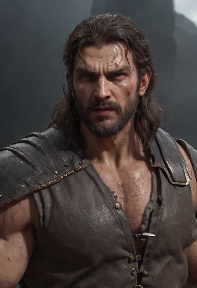 (professional 3d render:1.3) af (Realistic:1.3) most beautiful artwork photo in the world,Features soft and shiny male heroes, ((Epic hero fantasy muscle man rough wet hero angry look long hair short beard and ferocious expression in dynamic pose, Fantastic location, Majestic cluttered environment)), full body 8k unity render, action shot, skin pore, very dark lighting, heavyshading, Detailed, Detailed face, (vibrant, photograph realistic, Realistic, Dramatic, Dark, Sharp focus, 8K), (Old leather garments damaged by weathering:1.4), ((((Wear fur)))), (Intricate:1.4), decadent, (Highly detailed:1.4), Digital painting, rendering by octane, art stations, concept-art, smooth, Sharp focus, illustration, Art germ, (loish:0.23), wlop ilya kuvshinov, and greg rutkowski and alphonse mucha gracias, (Global illumination, Studio light, volumettic light), heavy rain, particles floating, lotr, fantasy, elf, full bodyesbian, ((Dark and ancient city background:1.3)),CGSesociety,art stations