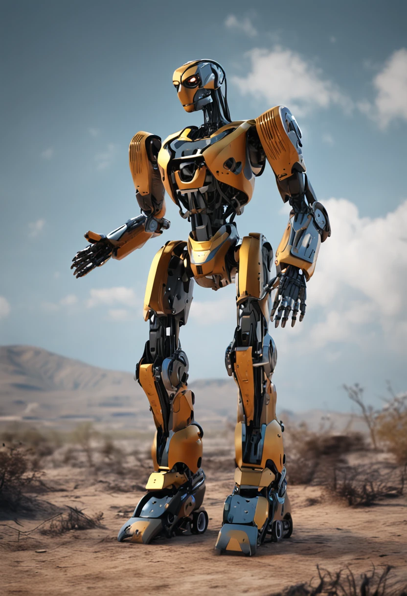 create the figure of a full-body Robot, artificial intelligence, cor dourada e preto, arms and legs, no background