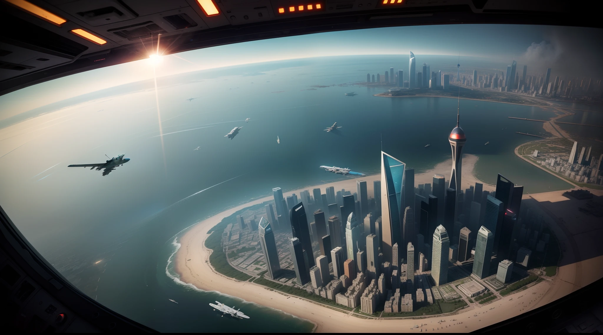 large scene，Top-down composition，war scenario，Indiscriminate attack on the ground，Lots of details，The scenario is complex，The number of aircraft is large，Countless space alien aircraft in the sky，UAVs，Scouts，Fire attacks on Shanghai's Future City, located directly below，There was an explosion in Shanghai，火焰，And some traces of laser destruction，The lens is shot vertically down from the plane，Sci-fi sense，Cinematic texture，DOCUMENTARY MOVIE，Realiy，Photographic portraits