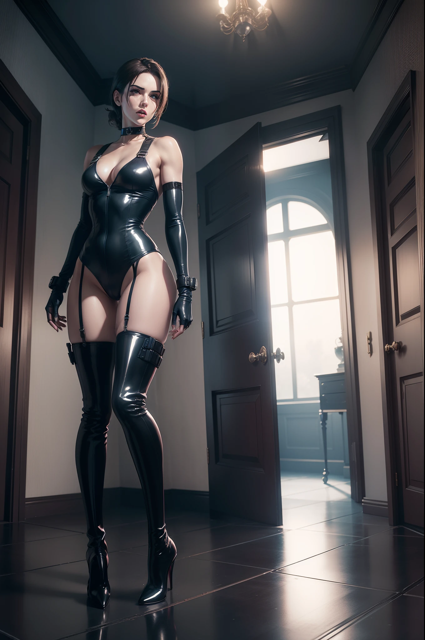 resident evil sexy jill valentine, bodysuit, seductive, full body latex suit, stockings, high heels, stilletoes, high boots, long boots, overknee boots, long gloves, choker, makeup, lipstick, full body shot, shot from behind, palace bedroom background