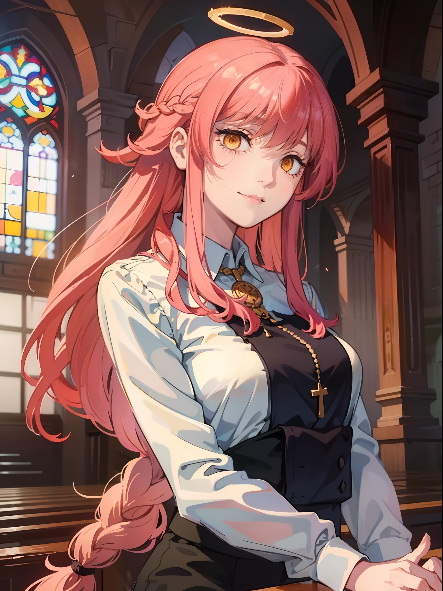 "Makima is praying on the altair in the church, she is smirking, evil expresion, she looks delicate, with a luminous halo above her head,In the afterglow,The whole picture is softer and warmer。", centered, 1girl, red haired, wearing office worker attire, beautiful composition, (low-angle shot)