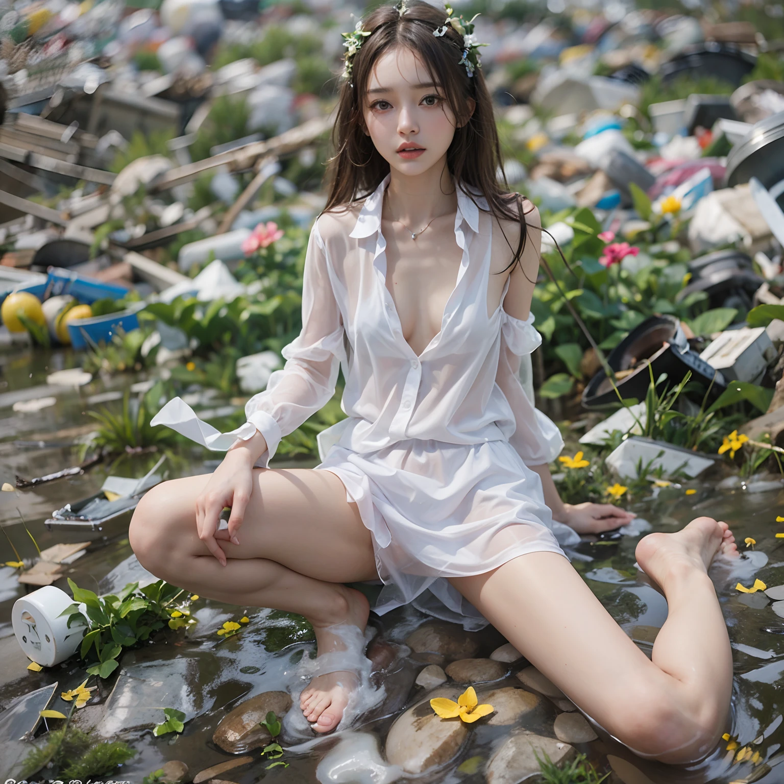 Garbage heap scene(1:4),best qualtiy,full-body portraits(1:1),delicated face,18 years old girls,lean and slender body,Skinny,Smaller bust,Slim legs,Very beautiful slender legs,Broken transparent bikini,Panties to the crotch,The barefoot,junk(2:1),White viscous liquid(2:1),Random nakedness