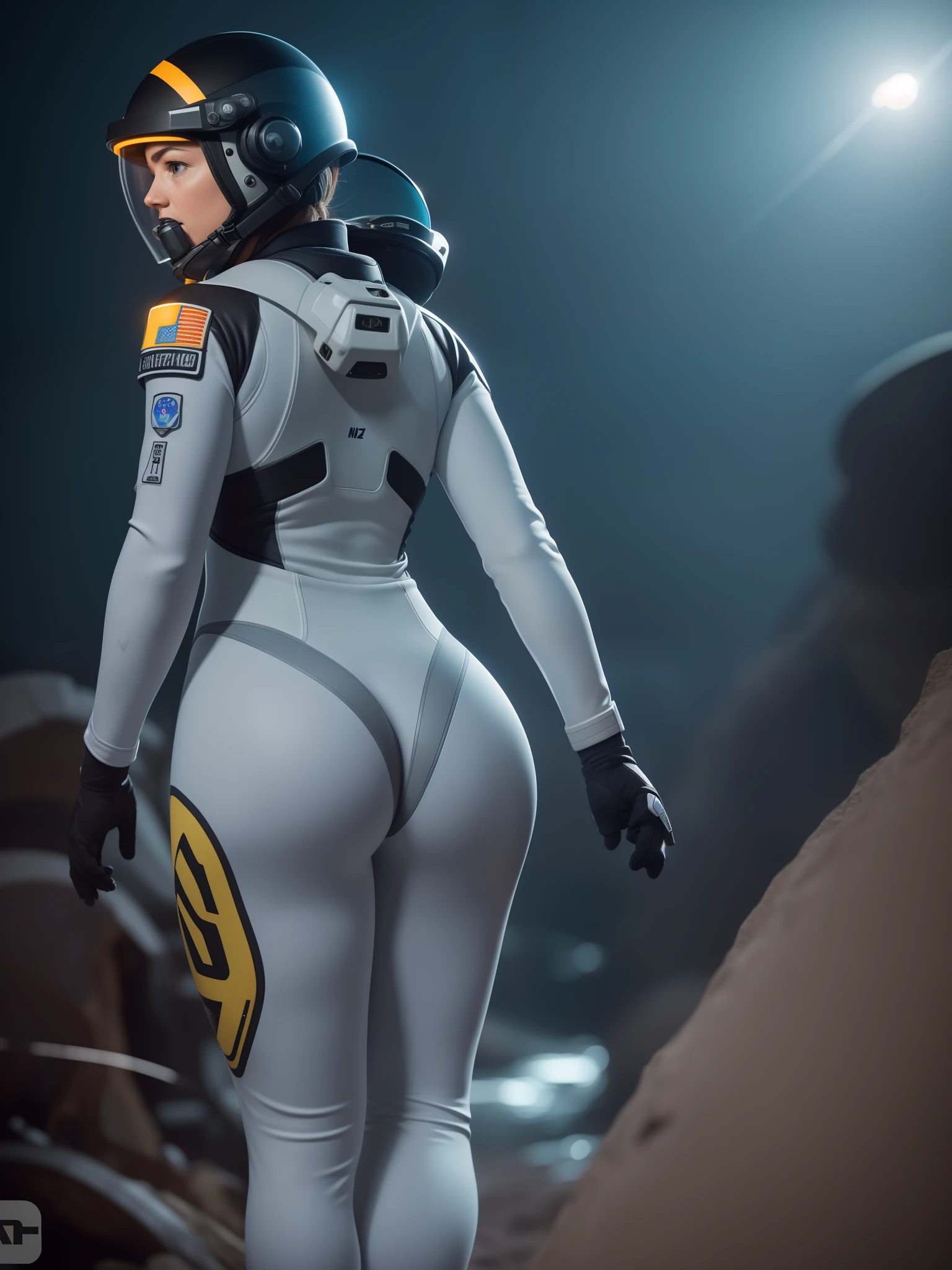 Masterpiece, highest quality, rear angle, photo of a (female space soldier, wearing vivid skintight grey spacesuit, with helmet, rebreather, round uncovered ass, string suit,), outdoors, toned body, big butt, [wide hips], cave, water, (highly detailed, intricately detailed), (at night), particle effects, sharp focus, sharp shadows, photographed on a Nikon Z 7II, 24mm F1.4 wide-angle Prime lens, (RAW), film still from Gravity 2013, 8k, HDR, from behind