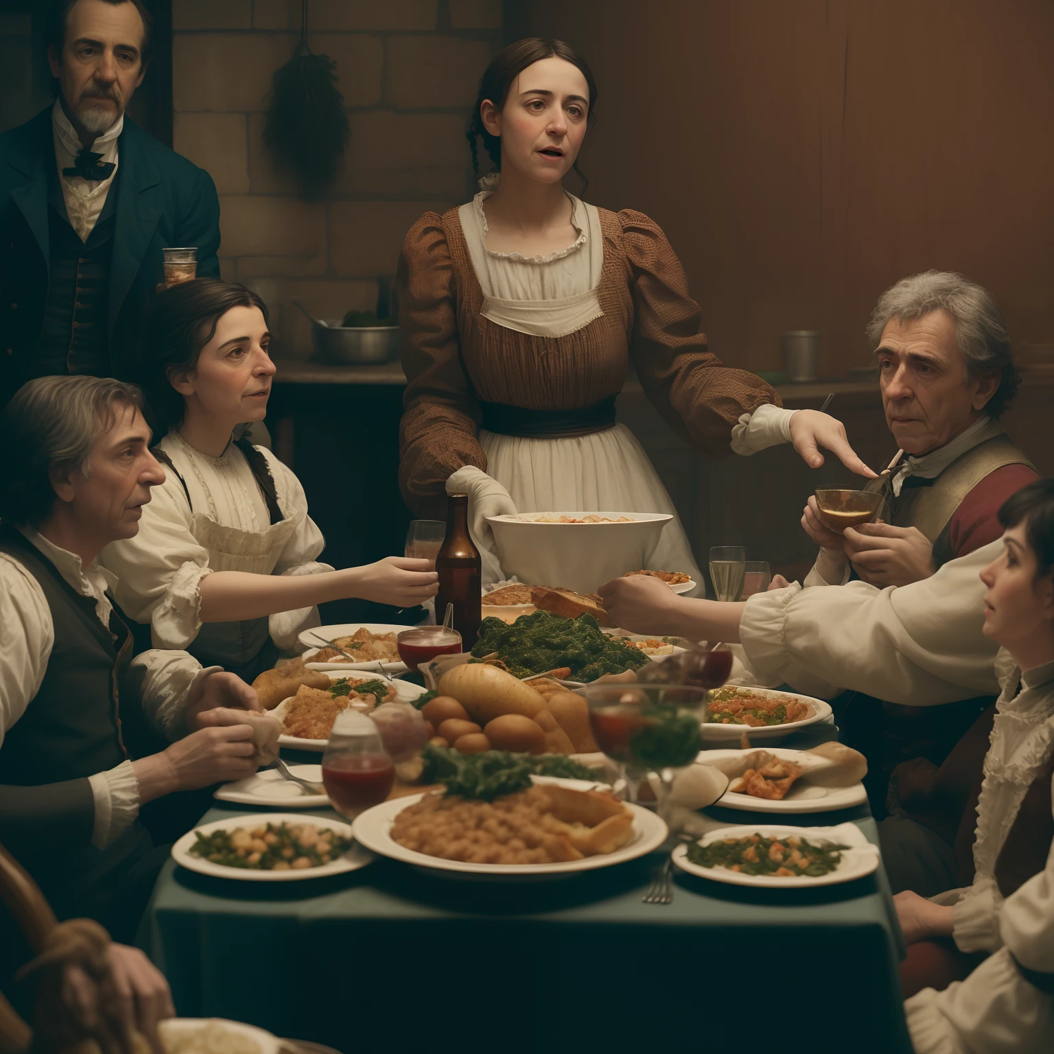 mulher arafed servindo comida para um grupo de pessoas em uma mesa de jantar, victorian thanksgiving feast, ainda do filme, kramskoi 4 mil, ainda do filme, ainda de um filme live action, filme ainda dnd, cena de um jantar, filme promocional ainda, Nineteenth-century realist photo,, family dinner, filme ainda do filme