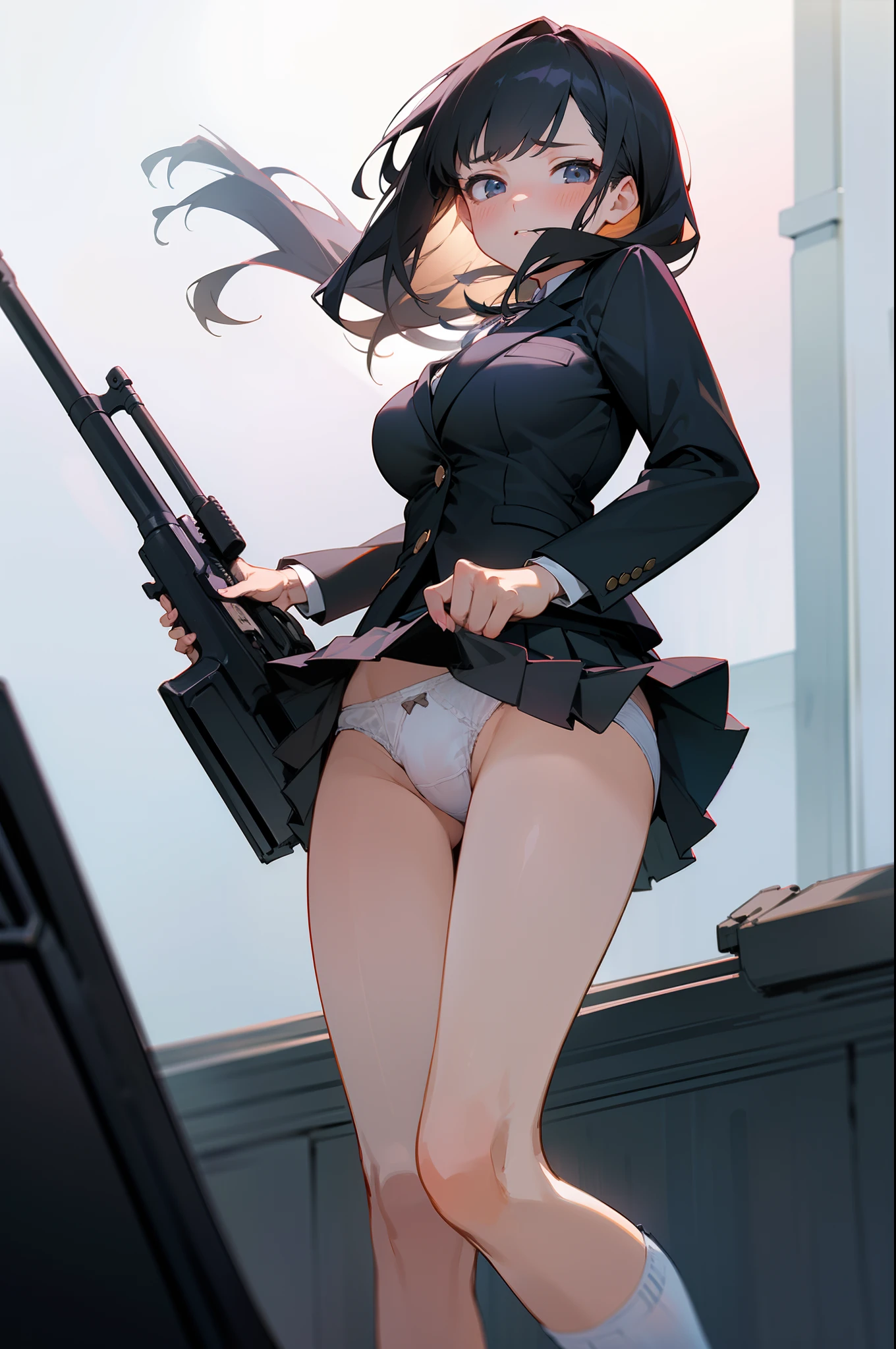 ((masterpiece, best quality ,detailed)), 8k, big breast, 14 years old, black blazer, pleated skirt, girl, blush, rifle, holding gun, (flipping skirt:1.5), (showing white underwear:1.3), cinematic lighting, from below