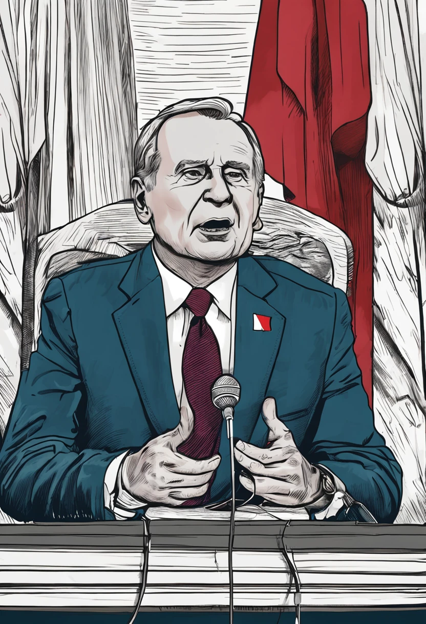 Realistic drawing of Poland President Lech Walensa giving a speech with great enthusiasm.