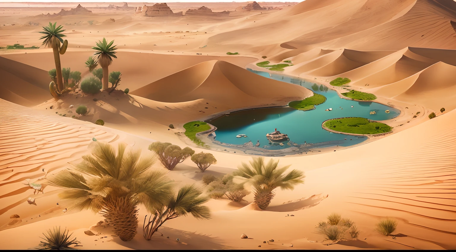 super wide shot,Vast desert,Fantastic desert oasis ,Heart-shaped lake,(zoomout:1.2),(Greenery:1.2),Dubai,Animal remains,white bones,Poisonous scorpions,chameleon,lizard,Desolate and lonely,Fantastic design, Best quality, Very detailed, Masterpiece, movie light effect, 8K,epic fantasy digital art,high definition resolution,Detailed detail drawing,