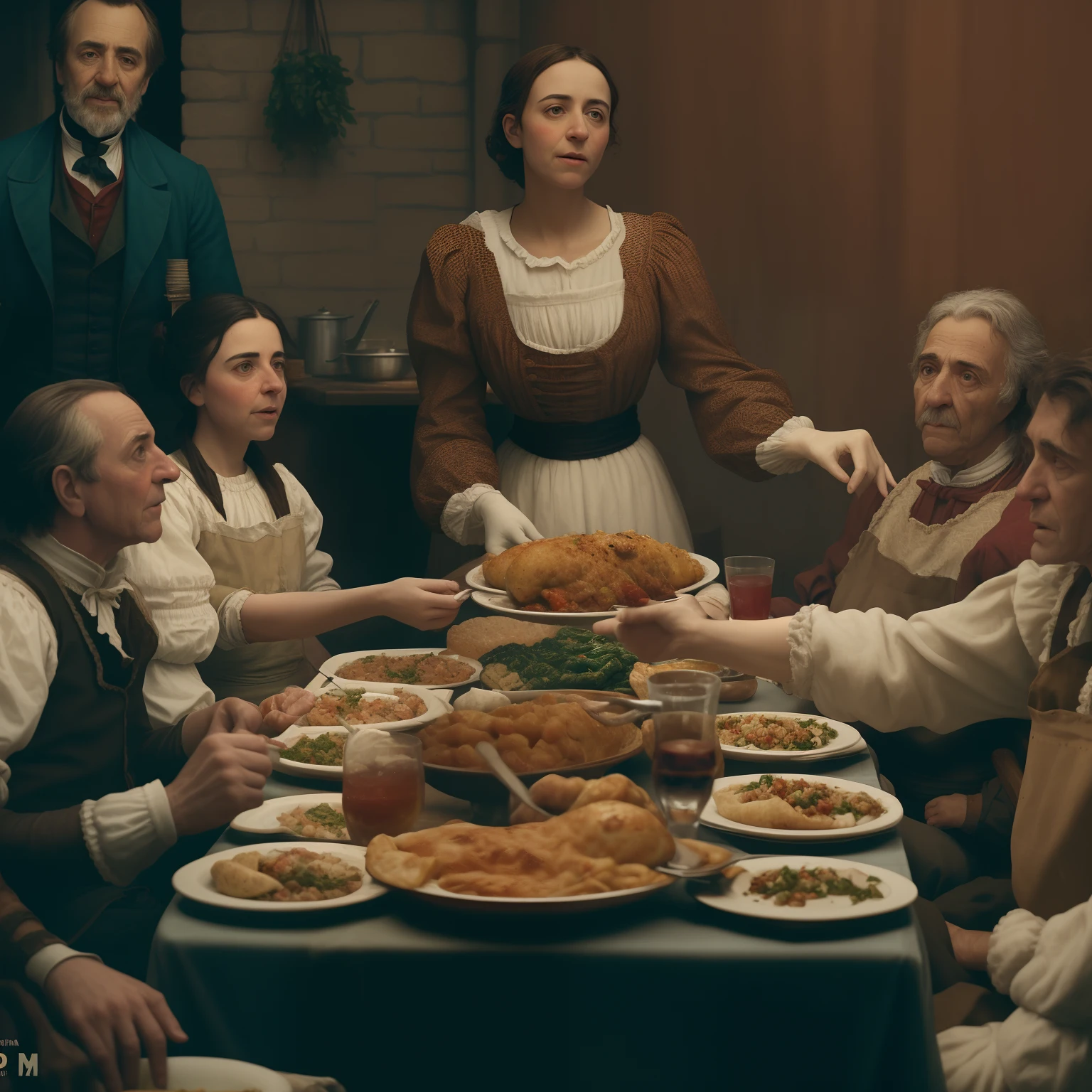 mulher arafed servindo comida para um grupo de pessoas em uma mesa de jantar, victorian thanksgiving feast, ainda do filme, kramskoi 4 mil, ainda do filme, ainda de um filme live action, filme ainda dnd, cena de um jantar, filme promocional ainda, Nineteenth-century realist photo,, family dinner, filme ainda do filme