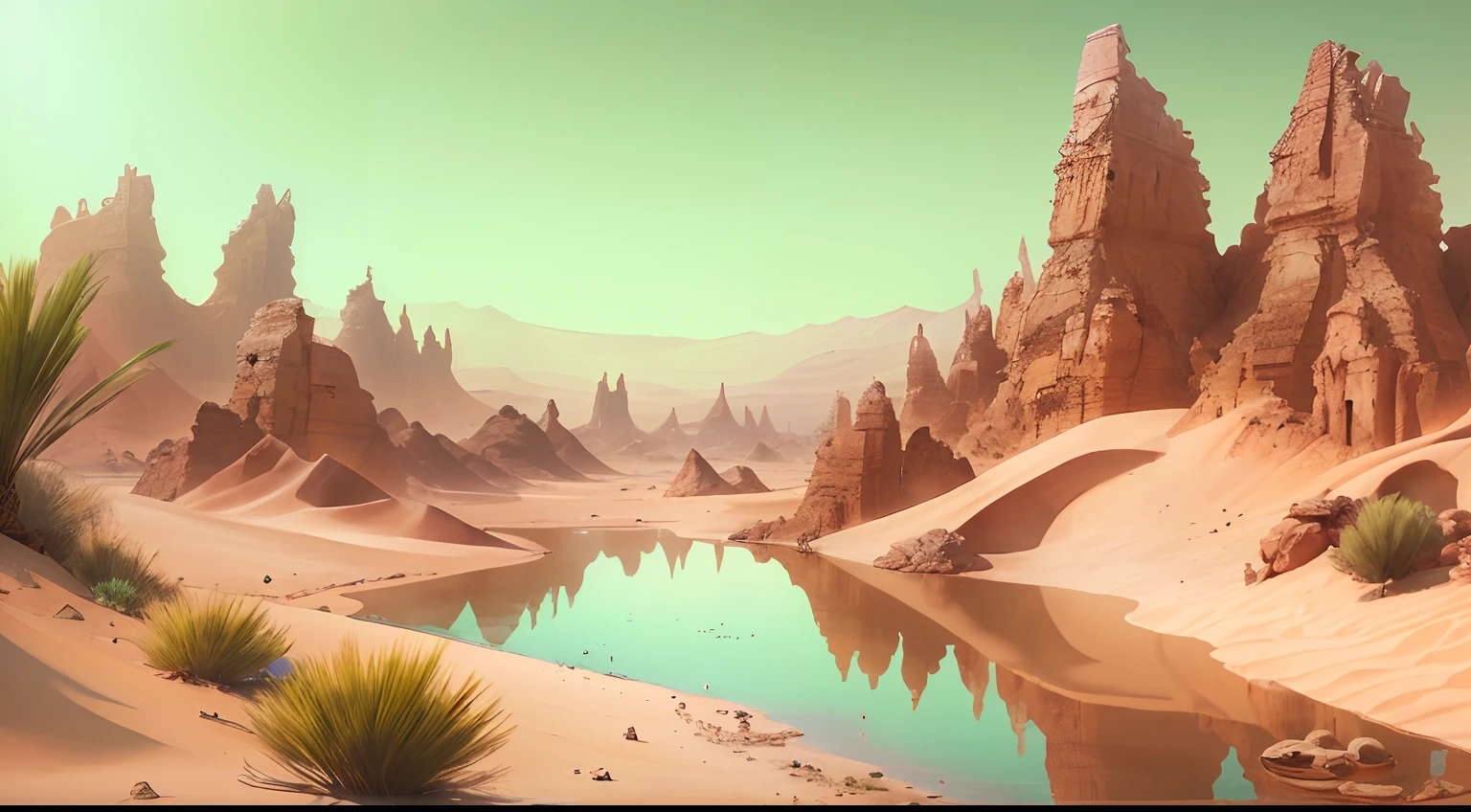 super wide shot，Vast desert，Fantastic desert oasis ，Heart-shaped lake，(zoomout:1.2)，(Greenery:1.2)，Dubai，Animal remains，white bones，Poisonous scorpions，chameleon，lizard，Desolate and lonely，Fantastic design, Best quality, Very detailed, Masterpiece, movie light effect, 8K，epic fantasy digital art，high definition resolution，Detailed detail drawing，