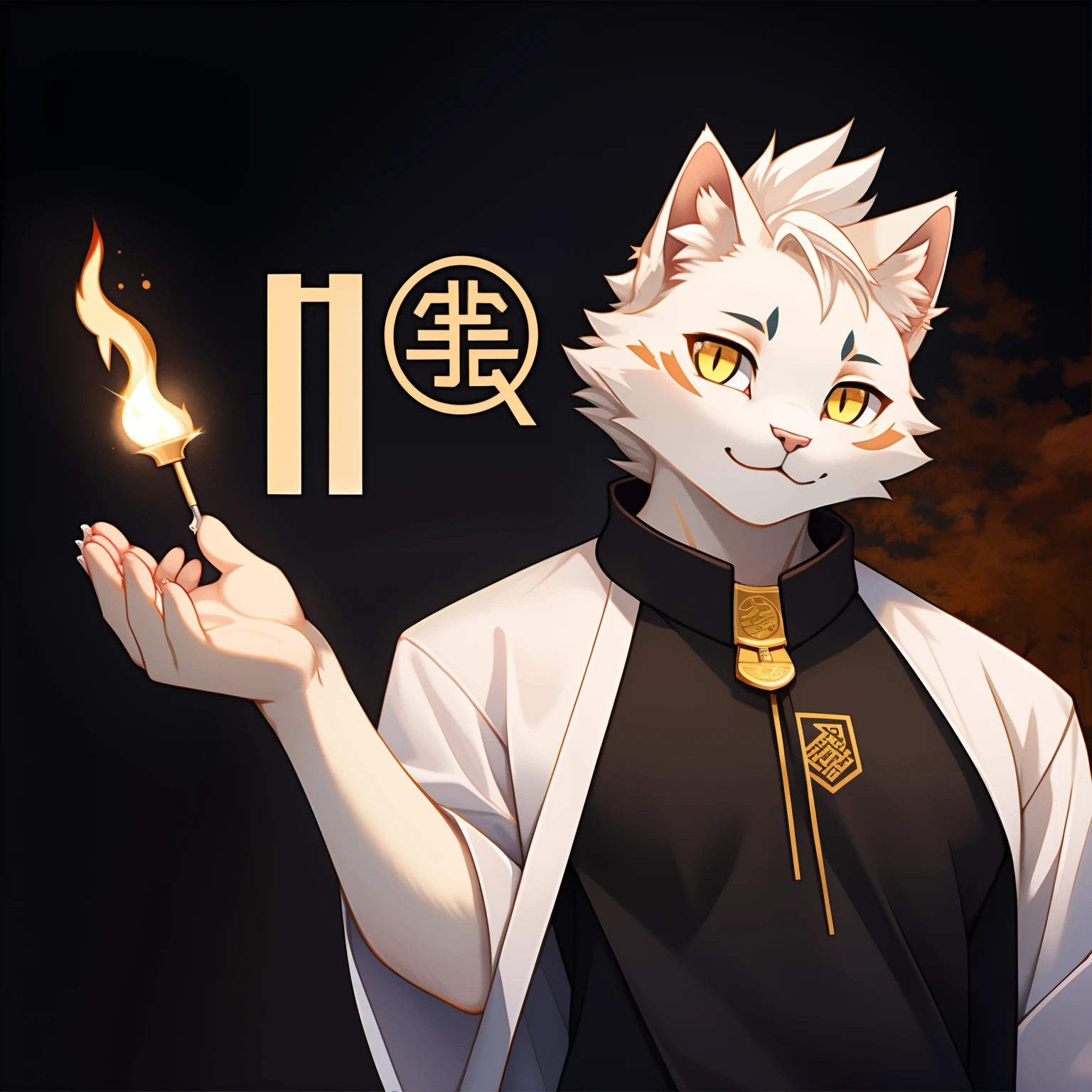 There is a little white kitten holding a golden logo，Face the screen with a cute expression，Yellow eyes，White cat cat paw meat pad