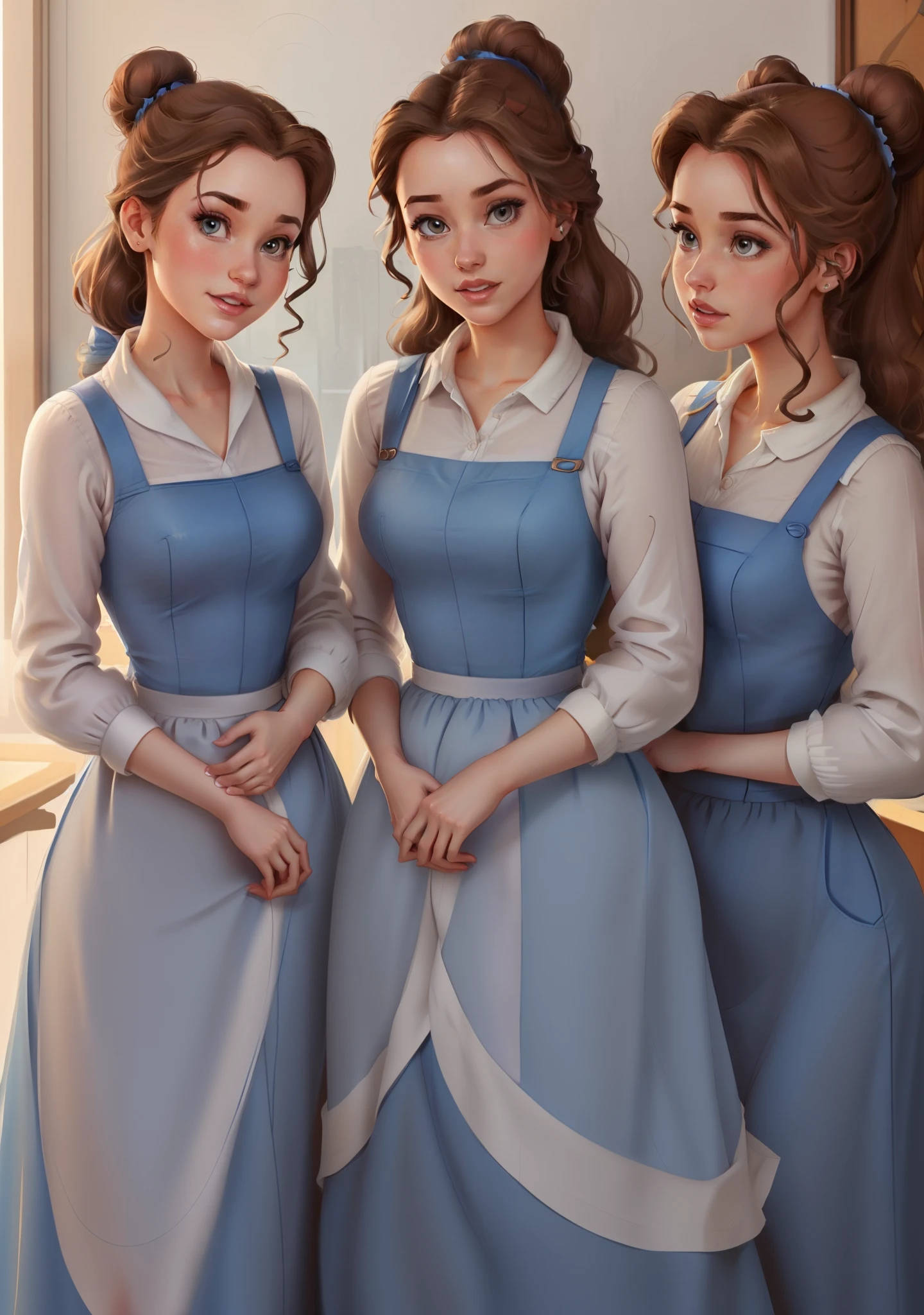 (BelleWaifu:1), (blue dress, apron, sinlge hair bun), 3girls, trio, triplets, clones