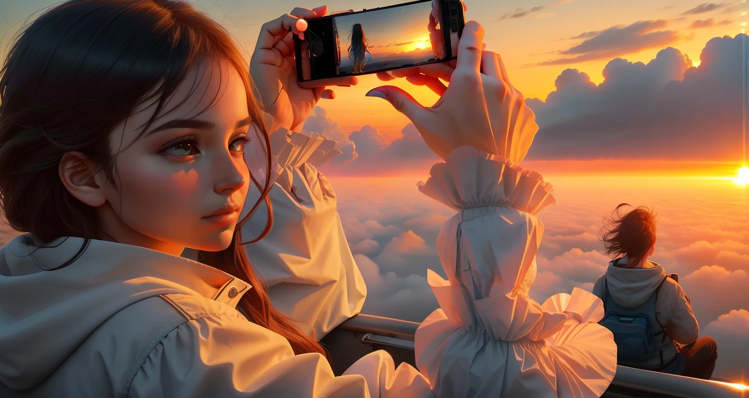 Side face photo of girl,Girl taking pictures,beuaty girl,Delicate facial contouring,The photo is a sunrise over a sea of clouds, Sea of clouds background,during sunrise, photographed, photo from a spectator, behind the scenes photo, late sunset, 8k selfie photograph, smartphone footage, close up photograph, accidentally taking a selfie, Photos taken from a sea of clouds, Ultra-high quality photos, very accurate photo,Hand details,delete extra hand,Facial detail restoration,Reinvent your hands,In the phone is a photo of the sunrise and sea of clouds