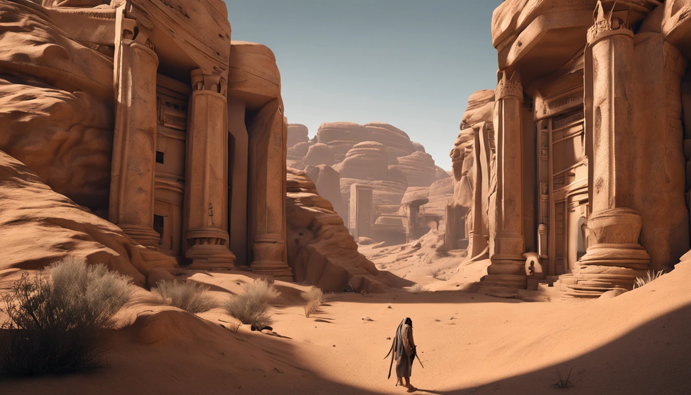 3 d animated movie,Hyper-realistic,Ultra-wide viewing angle,fisheyelens,Vast desert,oases,Ruined ruins,中景 the scene is,super-fine,Detailed pubic hair,stereoscopic perspective,Works of masters,detail in face,super-fine,16K resolution,high qulity,电影灯光,High picture detail,dynamic viewing angle,Detailed pubic hair,Epic shooting,oc rendered