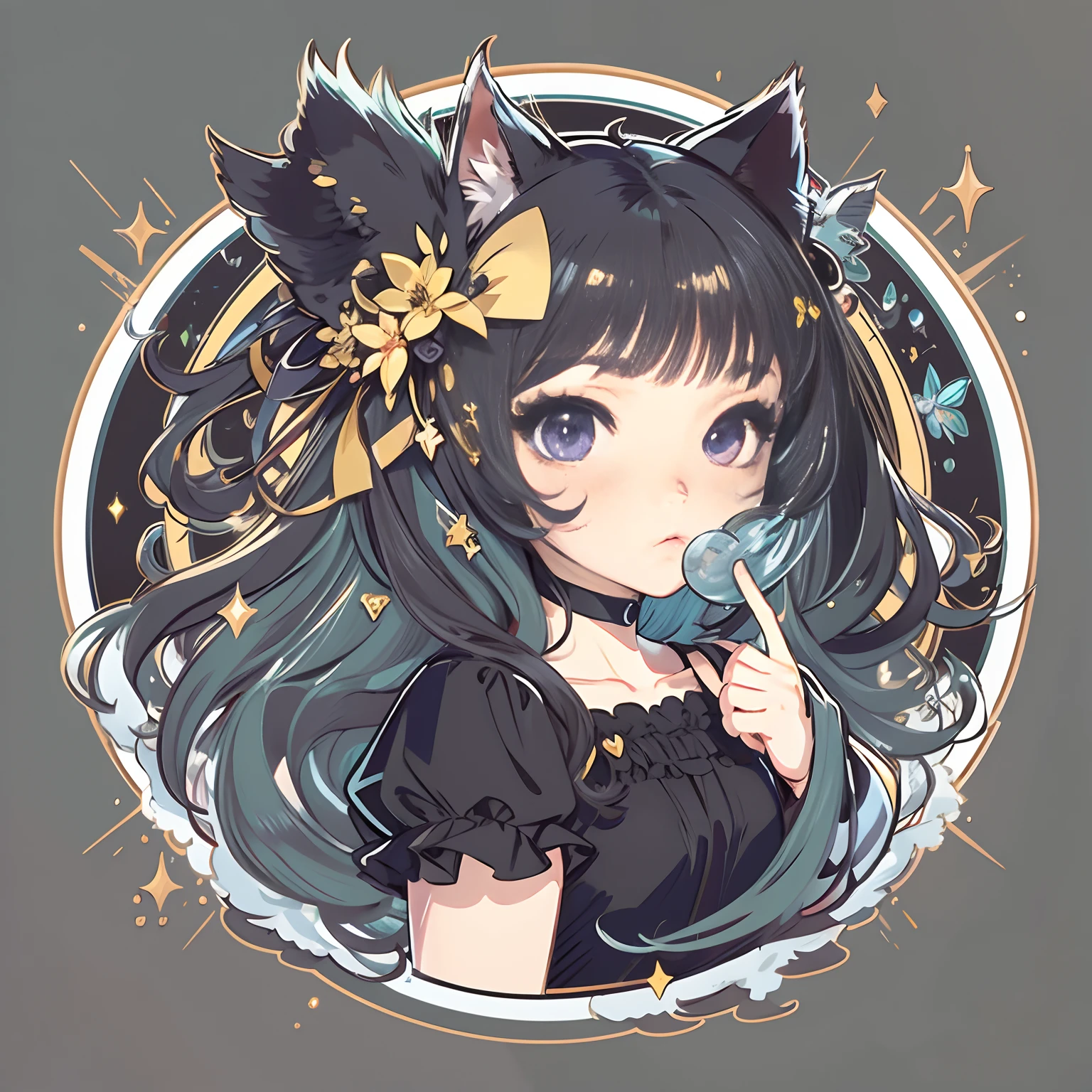 Sticker, Cute anime girl head, Long black hair,Deep purple eyes,pouty,Lovely clothes,Princess dress,Black cat ears,in circle, White background, Gold border,Surrounded by love,Simple, Ultra detailed, Detailed drawing, vectorised, Silhouette, 8K, professional sticker design, Flat design, Vector lines, Sticker, Drawing, Drawing, Full-HD