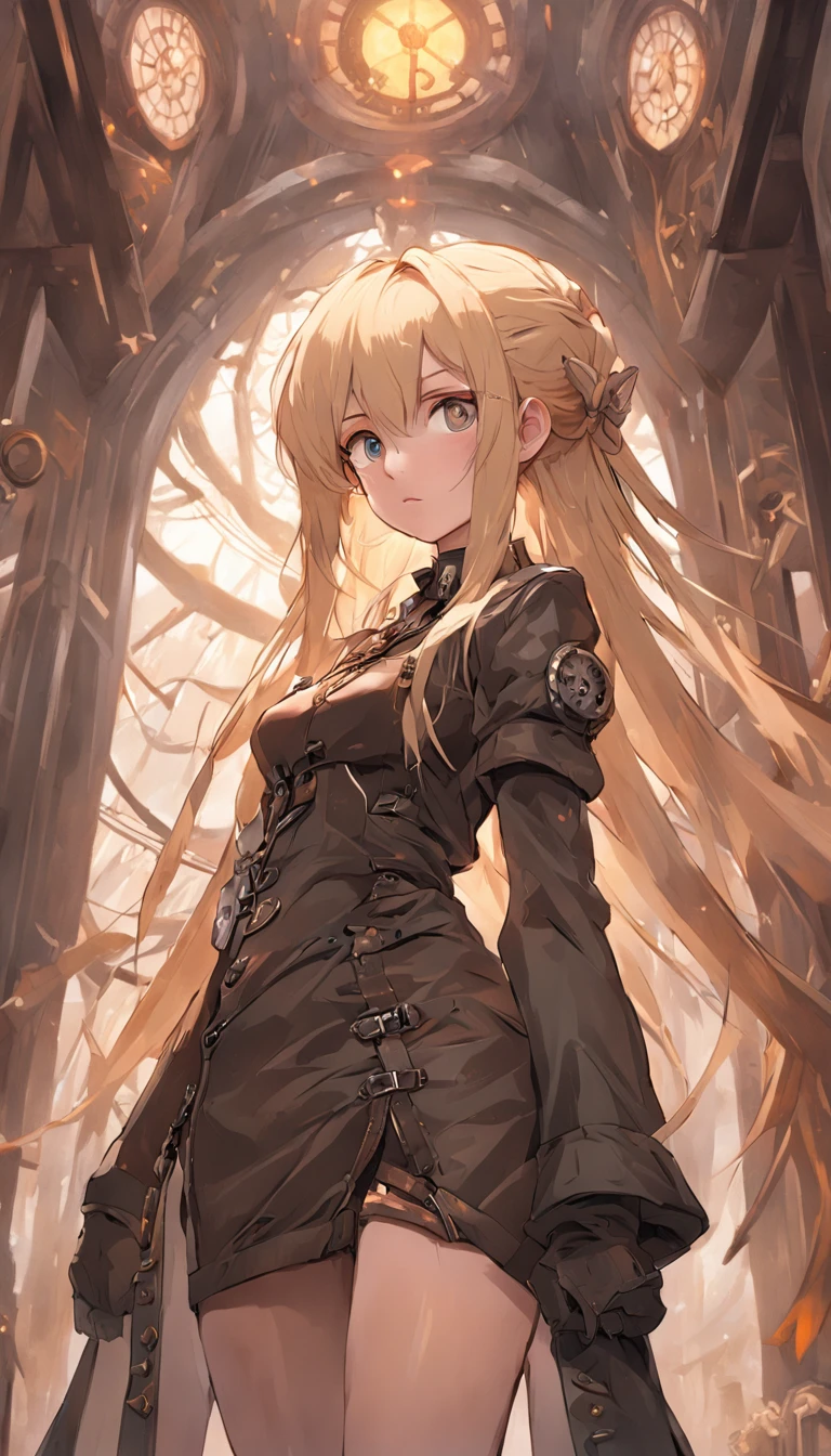 {{{tmasterpiece}}},{{{HighestQuali}}},{{{A high resolution}}},{{{Highest image quality}}},In steampunk style,Steampunk worldview,teens girl,blond hairbl,Twist braids,Mechanical prosthetics,machine arm,A bloody steel knife stretched out in his right hand。,The right hand becomes a steel knife,Army uniform,black long boots,His left hand was a bloody sack,Holding a sack in his left hand,