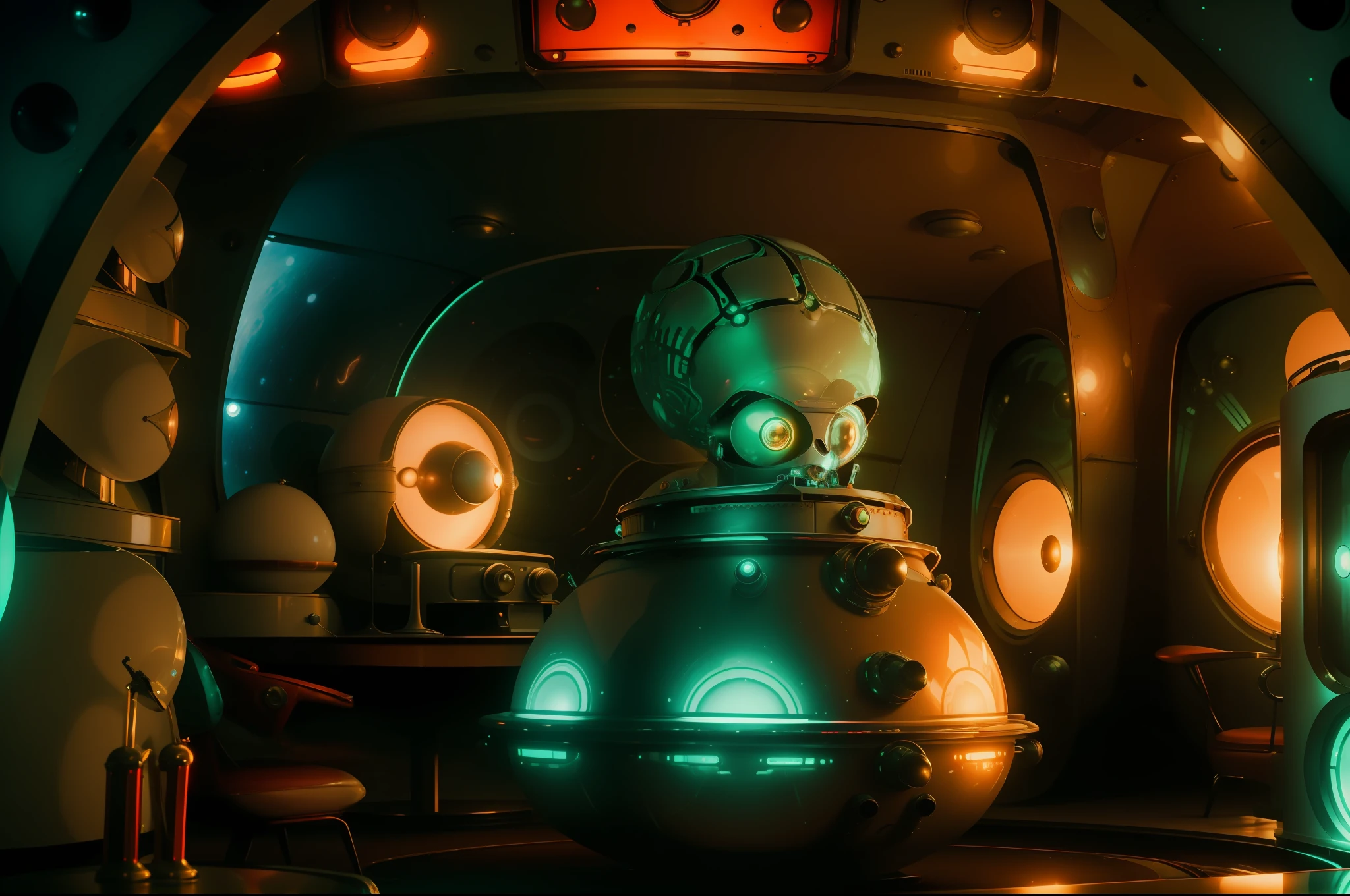 A Martian rearing the top of his head out of a very big cardbox. Retrofuturistic house as background, big rounded windows, round tv, 1970's style furniture. Colorful image. Illuminated by lamps and light through the windows. Highly detailed. Photorealistic.