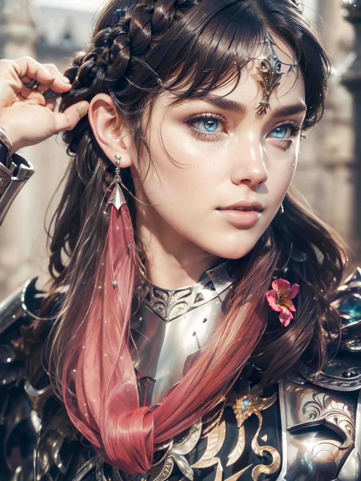 (Masterpiece, Best quality),(extremly intricate:1.3), (Realistic), 1girll, 18yr old, Caucasians, Green eyes, Perfect eyes, Perfect iris, perfect pupils, Perfect lips,Perfect nose, Perfect hands, Very detailed hands, perfectfingers, Black hair, Short hair, Straight hair, Small braids in her hair, (Medieval armor), metal reflective, (((Silver armor))), Outdoors, far away castle, (Ornately decorated armor), (insanely details, full bloom:1.5), chainmail, Strong sunshine, professional photograph of a stunning woman detailed, Sharp focus,  Award-Awarded, Cinematic lighting, The background is blurred out, Upper body, ((self-assured)), (Pose:Looking at the camera)