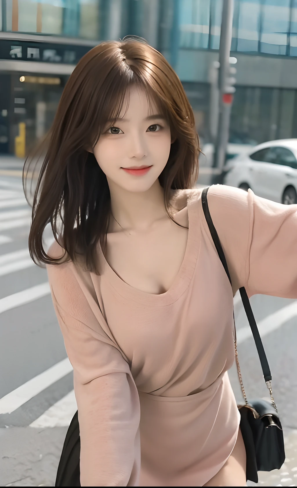 Female Solo、Image of one woman、((top-quality、8K、​masterpiece：1.3))、foco nítido：1.2、Beautiful Women in Perfect Style：1.4、Slender Abs：1.2、((Dark brown hair、Colossal tits：1.2))、(natural soft light、street:1.1)、Highly detailed facial and skin texture、A detailed eye、二重まぶた、wearing miniskirt、a smile、Korea person