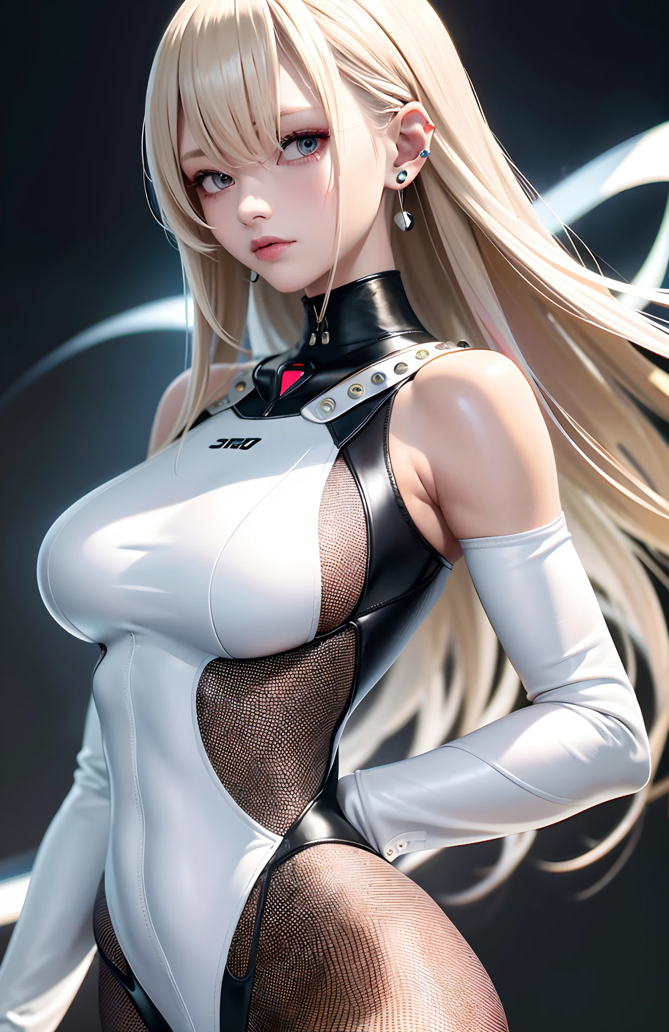 optimum，tmasterpiece，A high resolution，best qualtiy，hyper HD，super detailing，Award-Awarded，16k，独奏，（The upper part of the body），anatomy correct，Beautiful cyberpunk girl，cute  face，，Gradient Beige Hair，Hairline，（（Scarlet eyes）），long eyelasher，Hanging eye corners，White skin of the，（small boobs），（Slim body），（（Women's super short shawl leather jacket）），（（racing_suit）），ear studs，（neck rings），（Laser material clothing：1.2）