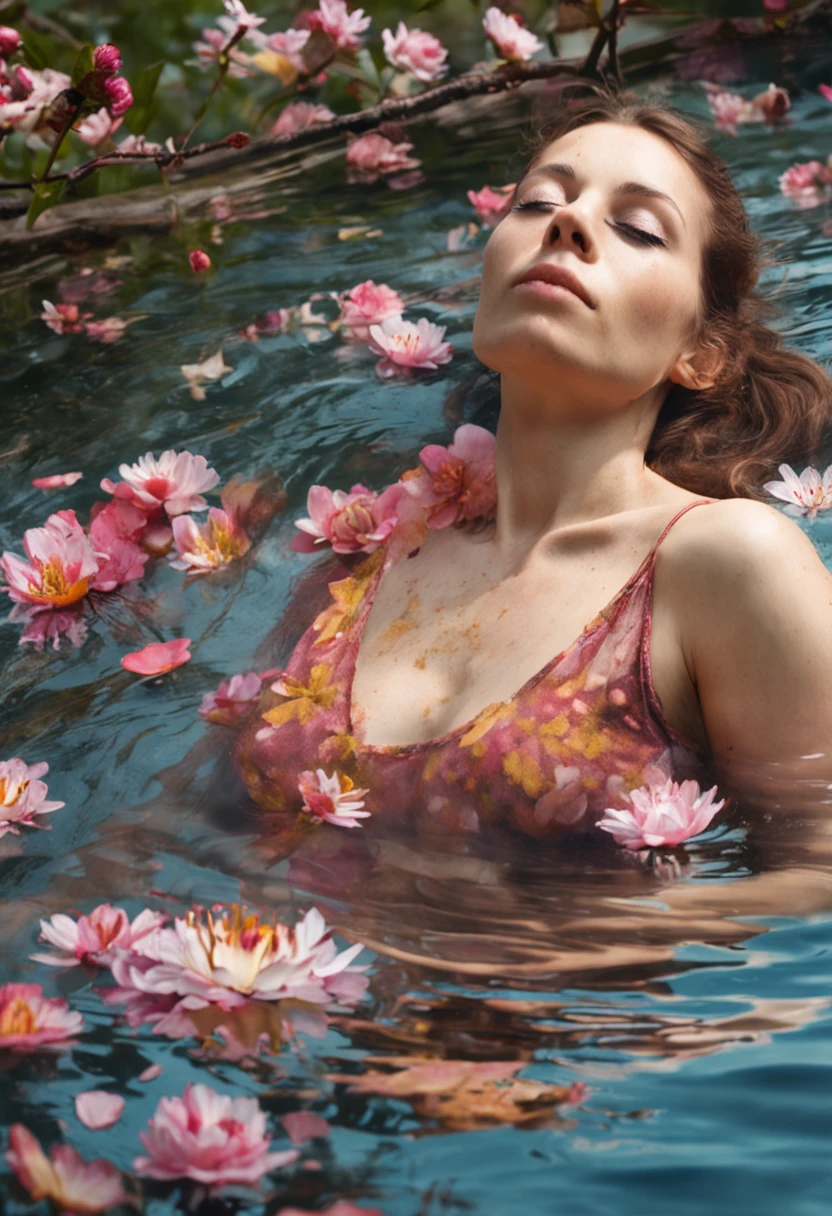 An artistic and conceptual fashion photograph featuring a slender, beautiful woman with long curly hair, standing in a shower, with water cascading down. She is naked, nipples with good definition, profile body, as her body positioning discreetly covers them. The model has fine features, including a sharp but not large nose and light-colored eyes, and wears vibrant makeup that complements her ethereal look. The scene is illuminated with contrasting natural lights, creating a striking, otherworldly atmosphere. White flowers are carefully arranged around the shower, adding a soft, natural touch to the modern, surreal composition