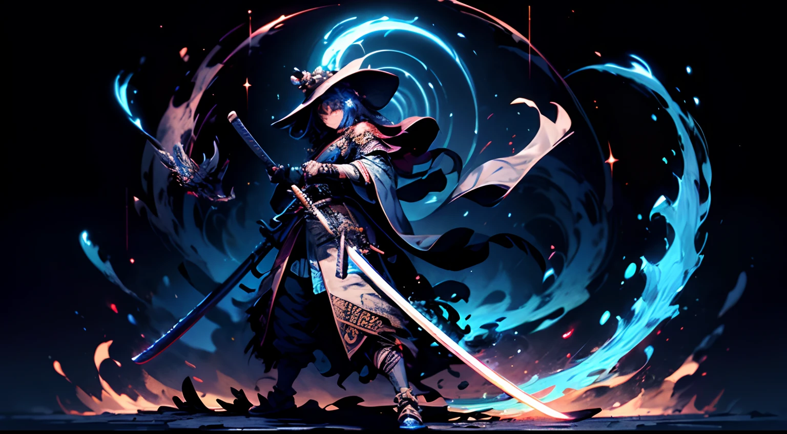 katana swords，Samurai clothes，bucket-hat，delicated face，blue color eyes，Dexterous posture，Solo，Colorful，ricefield，with light glowing，tmasterpiece，high qulity，Cinema lenses，GameCG，game footage，concept-art，CG art