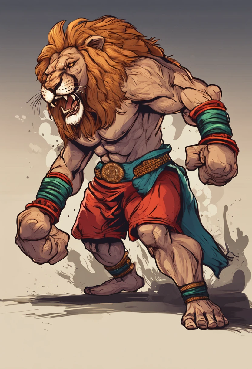 muay thai fighter lion with a wooden sword in his hand, boxing glove, hand drawn, anime, t-shirt design, dark background and green light